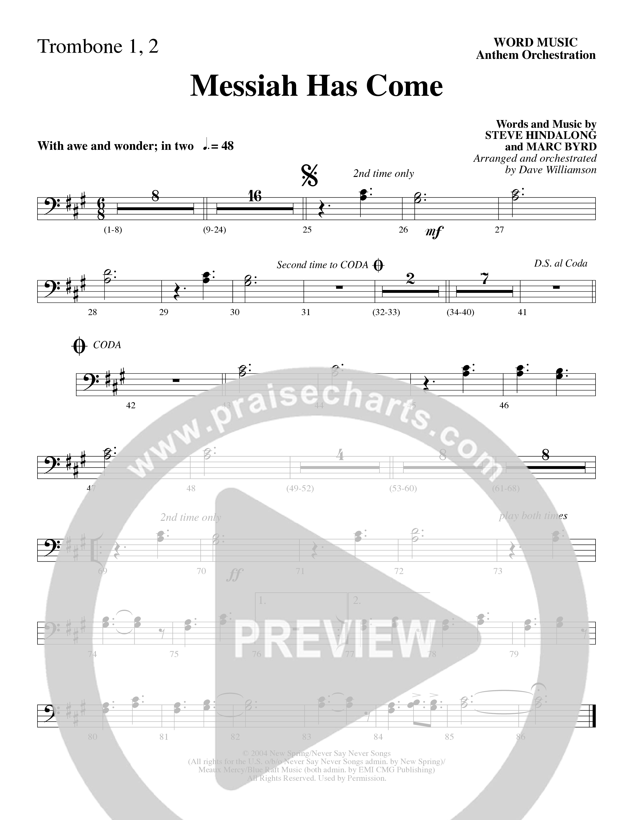 Messiah Has Come (Choral Anthem SATB) Trombone 1/2 (Word Music Choral / Arr. Dave Williamson)