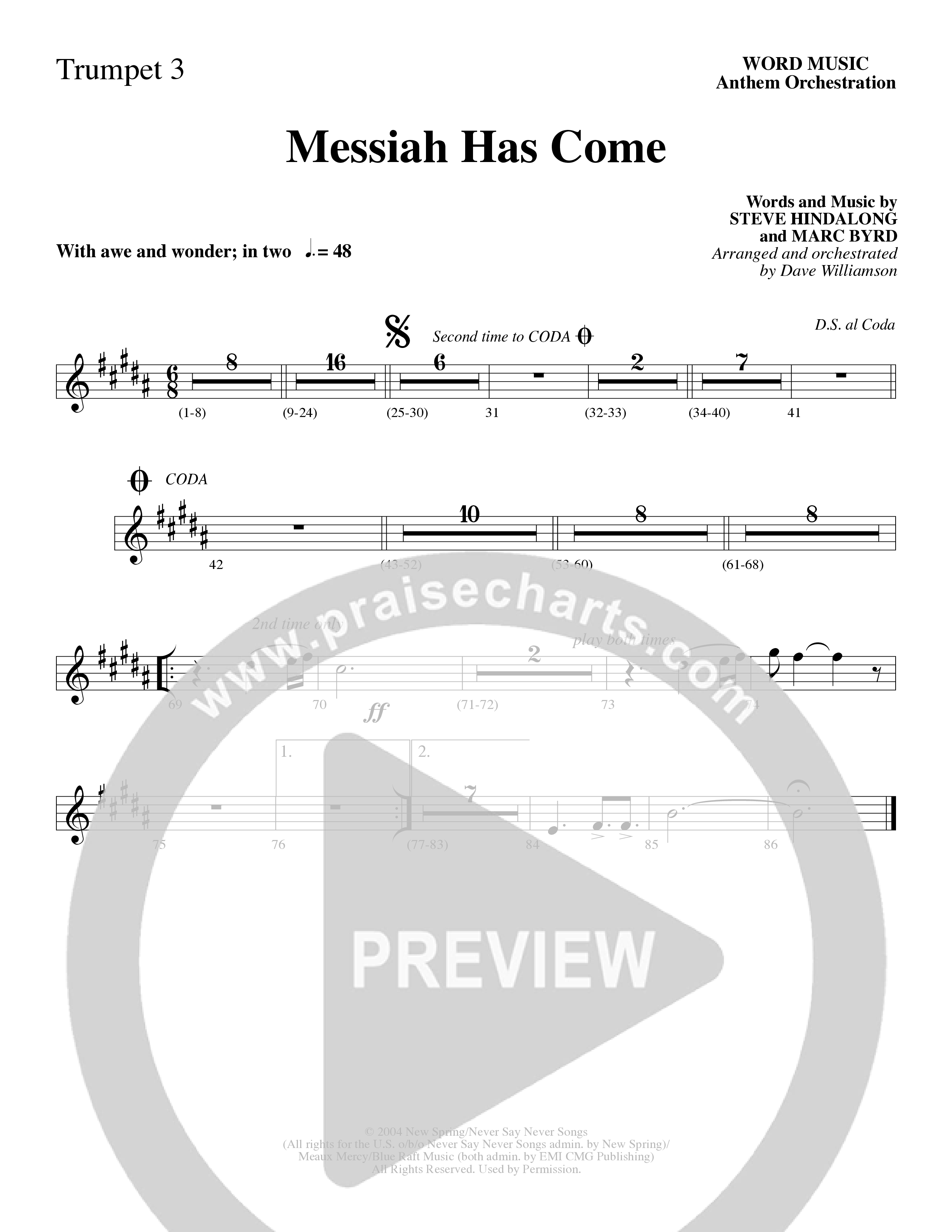 Messiah Has Come (Choral Anthem SATB) Trumpet 3 (Word Music Choral / Arr. Dave Williamson)