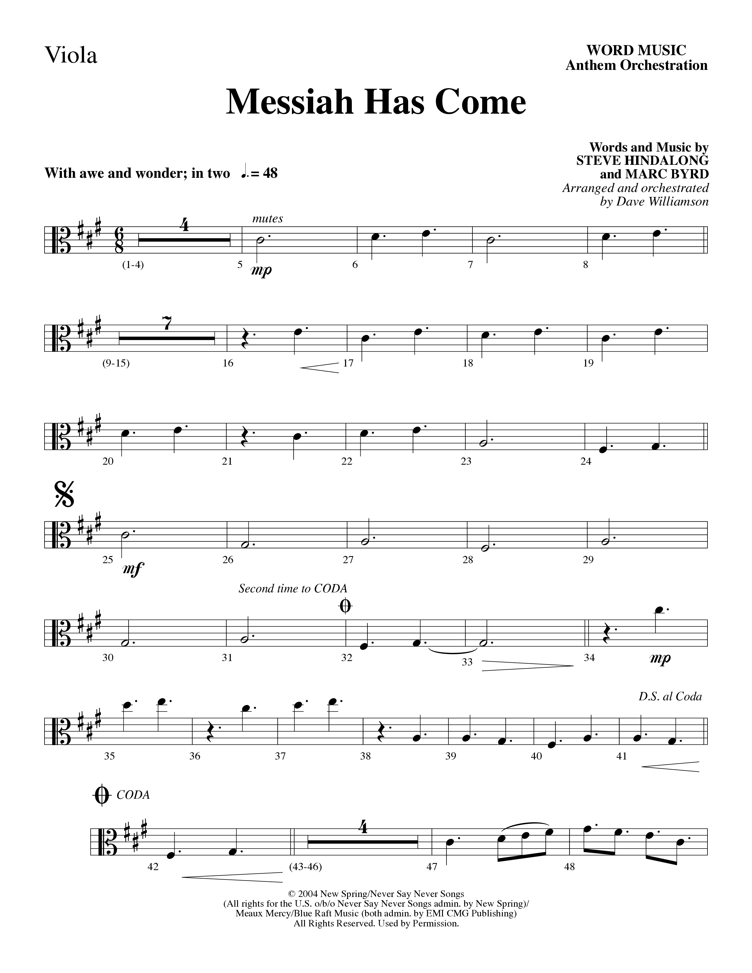Messiah Has Come (Choral Anthem SATB) Viola (Word Music Choral / Arr. Dave Williamson)