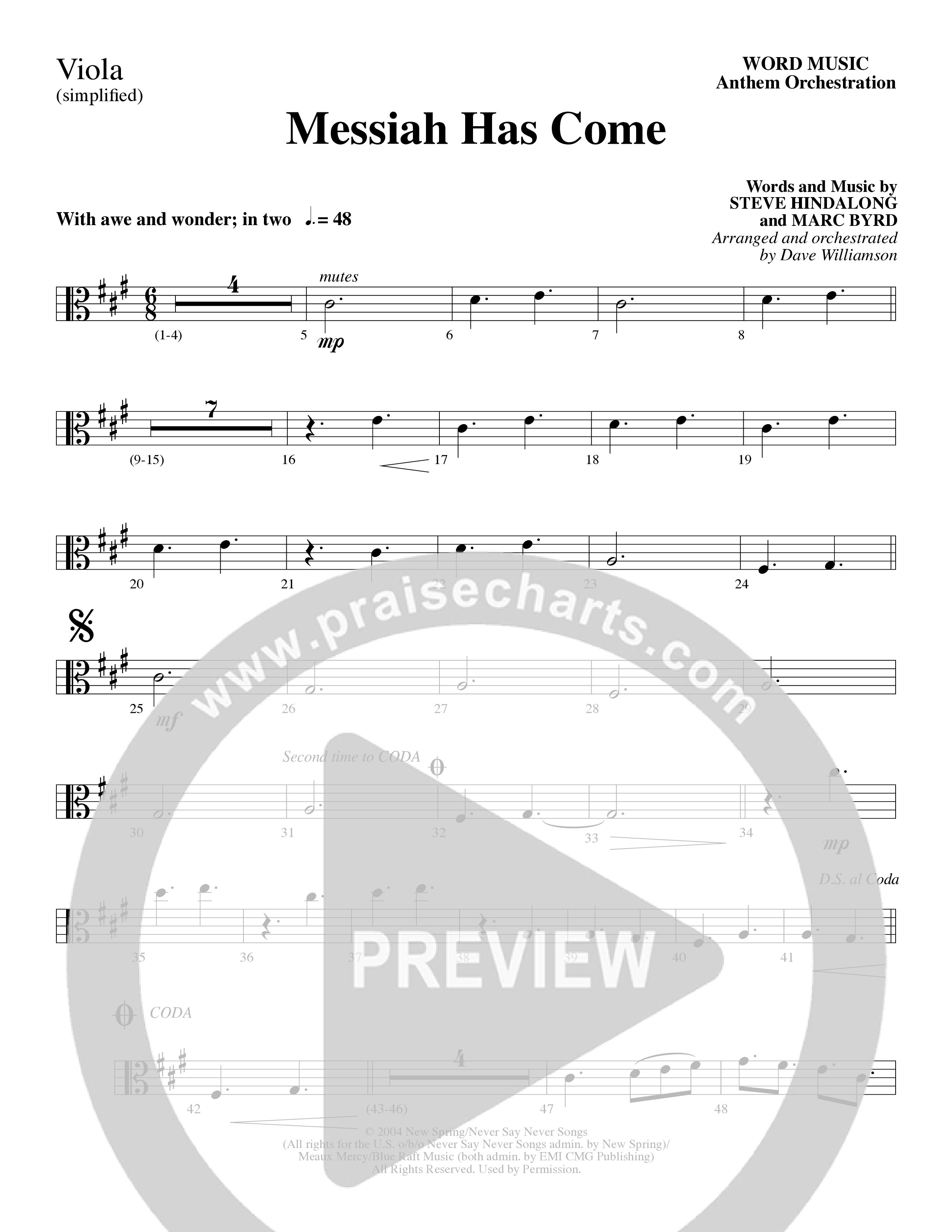 Messiah Has Come (Choral Anthem SATB) Viola (Word Music Choral / Arr. Dave Williamson)