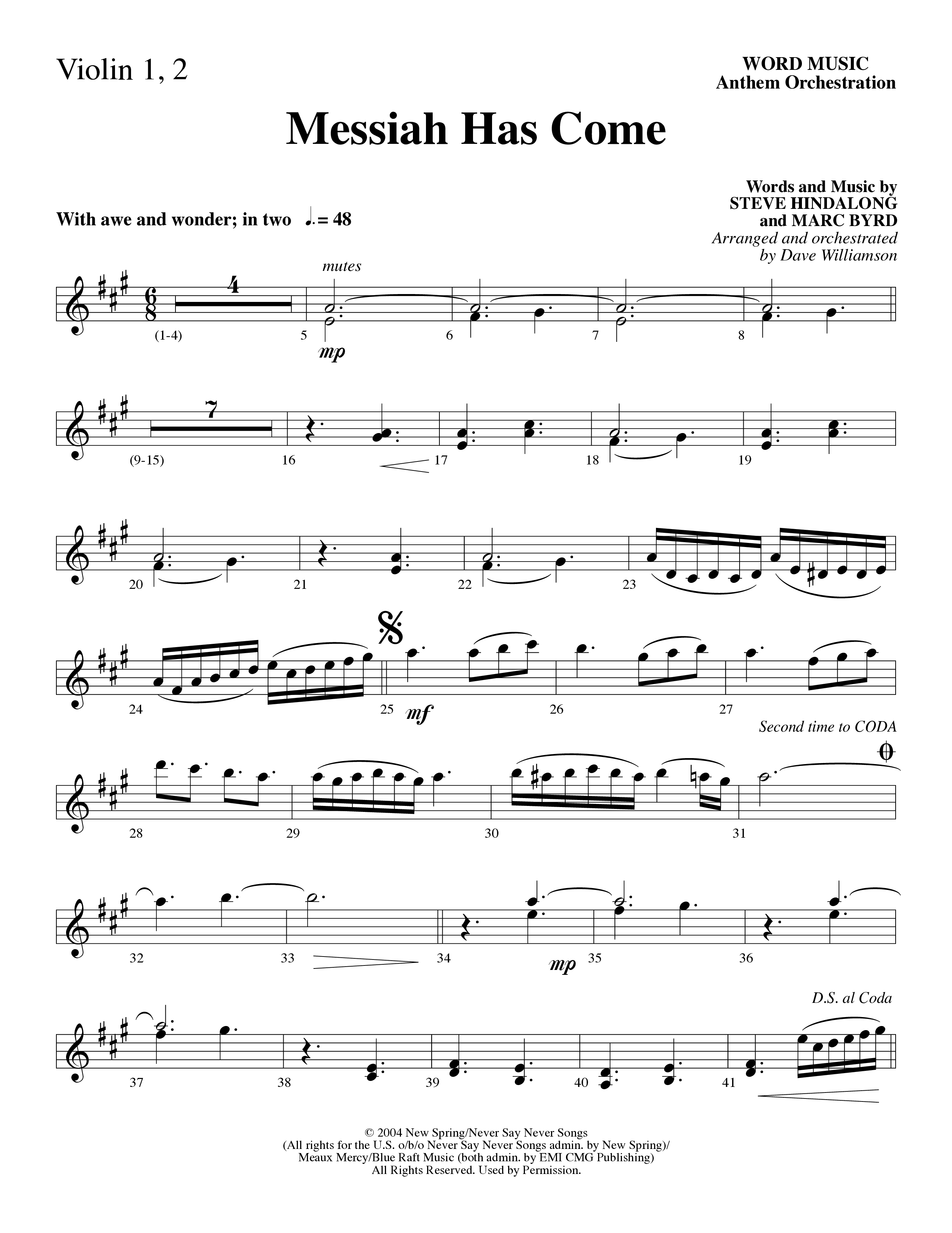 Messiah Has Come (Choral Anthem SATB) Violin 1/2 (Word Music Choral / Arr. Dave Williamson)