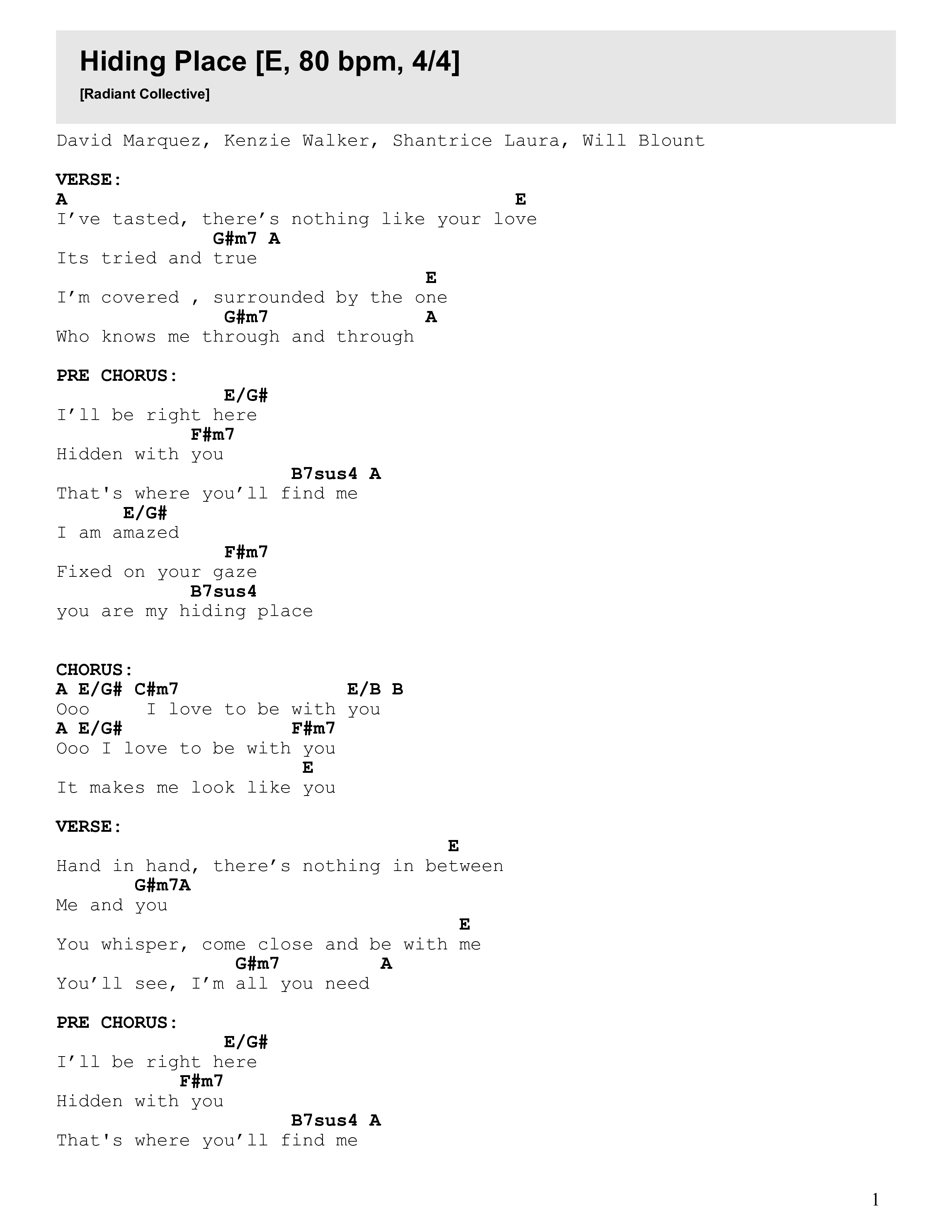 Hiding Place Chord Chart (Radiant Collective)