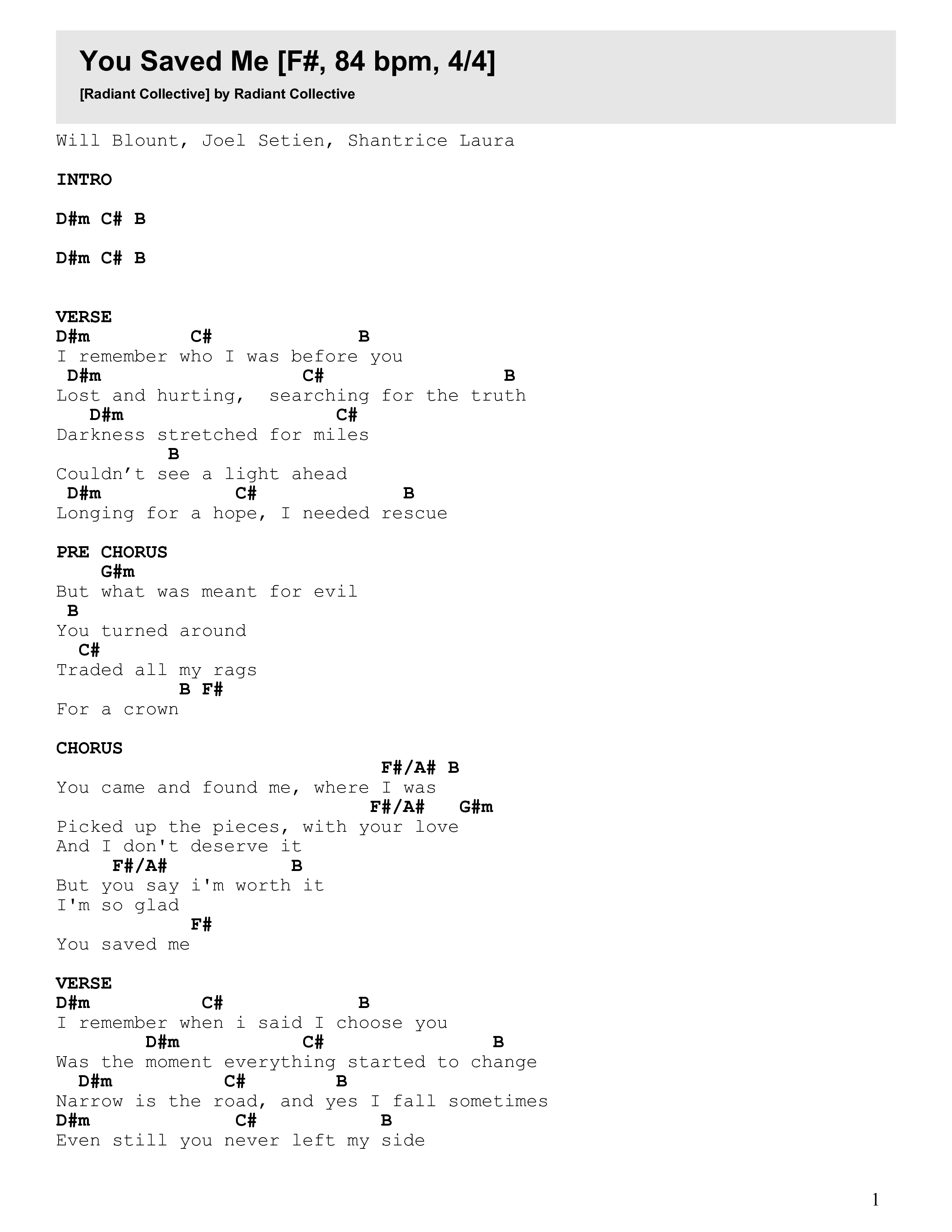 You Saved Me Chord Chart (Radiant Collective)