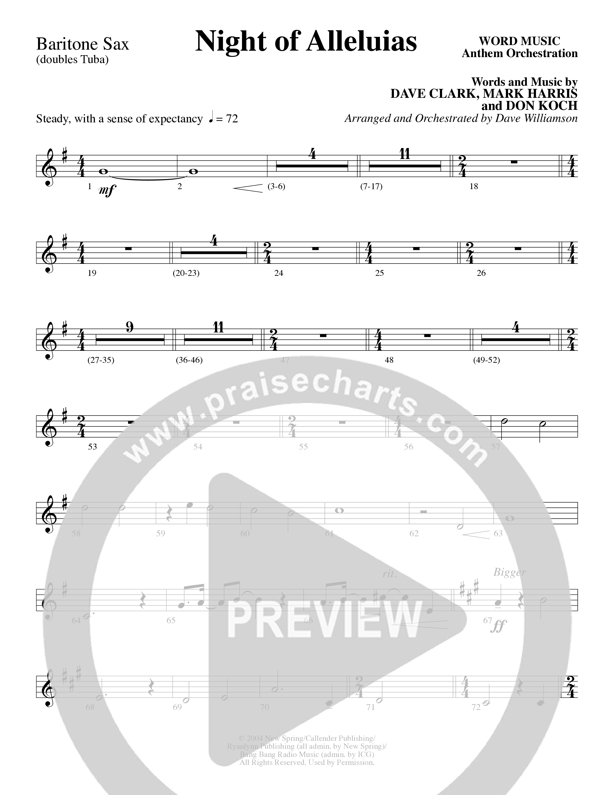 Night Of Alleluias (Choral Anthem SATB) Bari Sax (Word Music Choral / Arr. Dave Williamson)