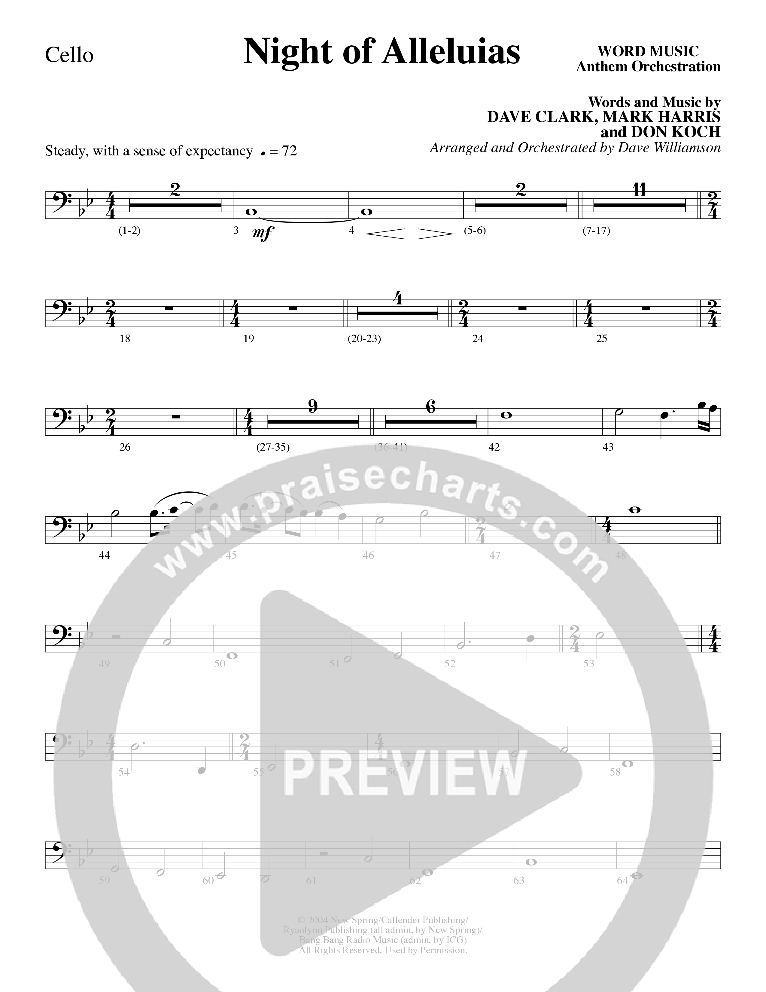 Night Of Alleluias (Choral Anthem SATB) Cello (Word Music Choral / Arr. Dave Williamson)