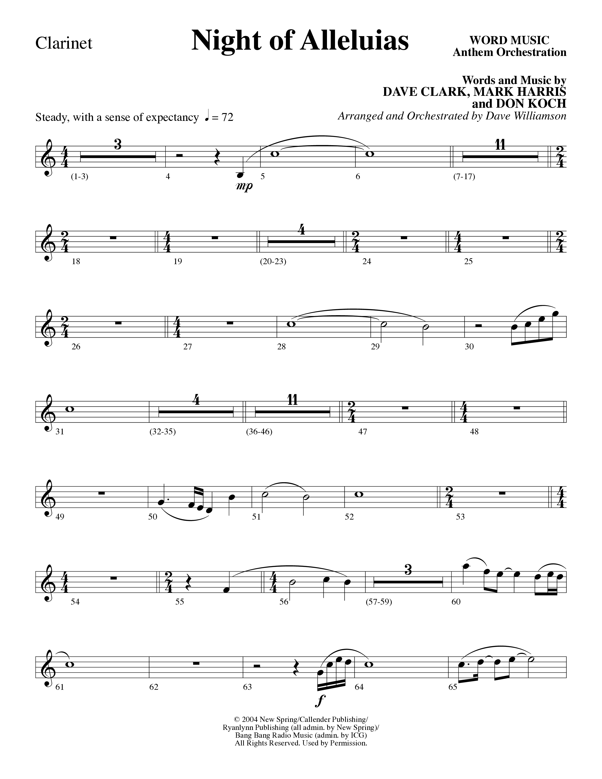 Night Of Alleluias (Choral Anthem SATB) Clarinet (Word Music Choral / Arr. Dave Williamson)