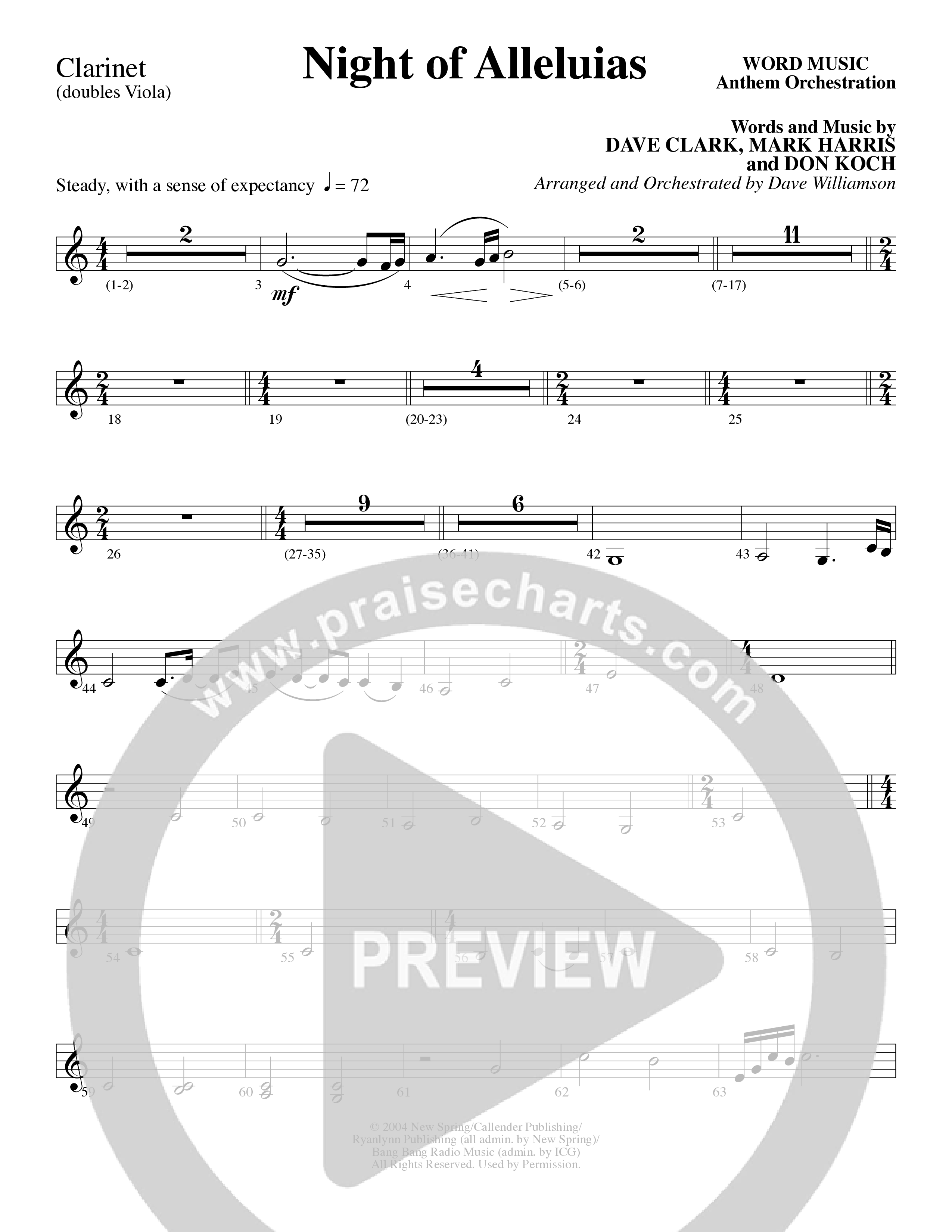 Night Of Alleluias (Choral Anthem SATB) Clarinet (Word Music Choral / Arr. Dave Williamson)