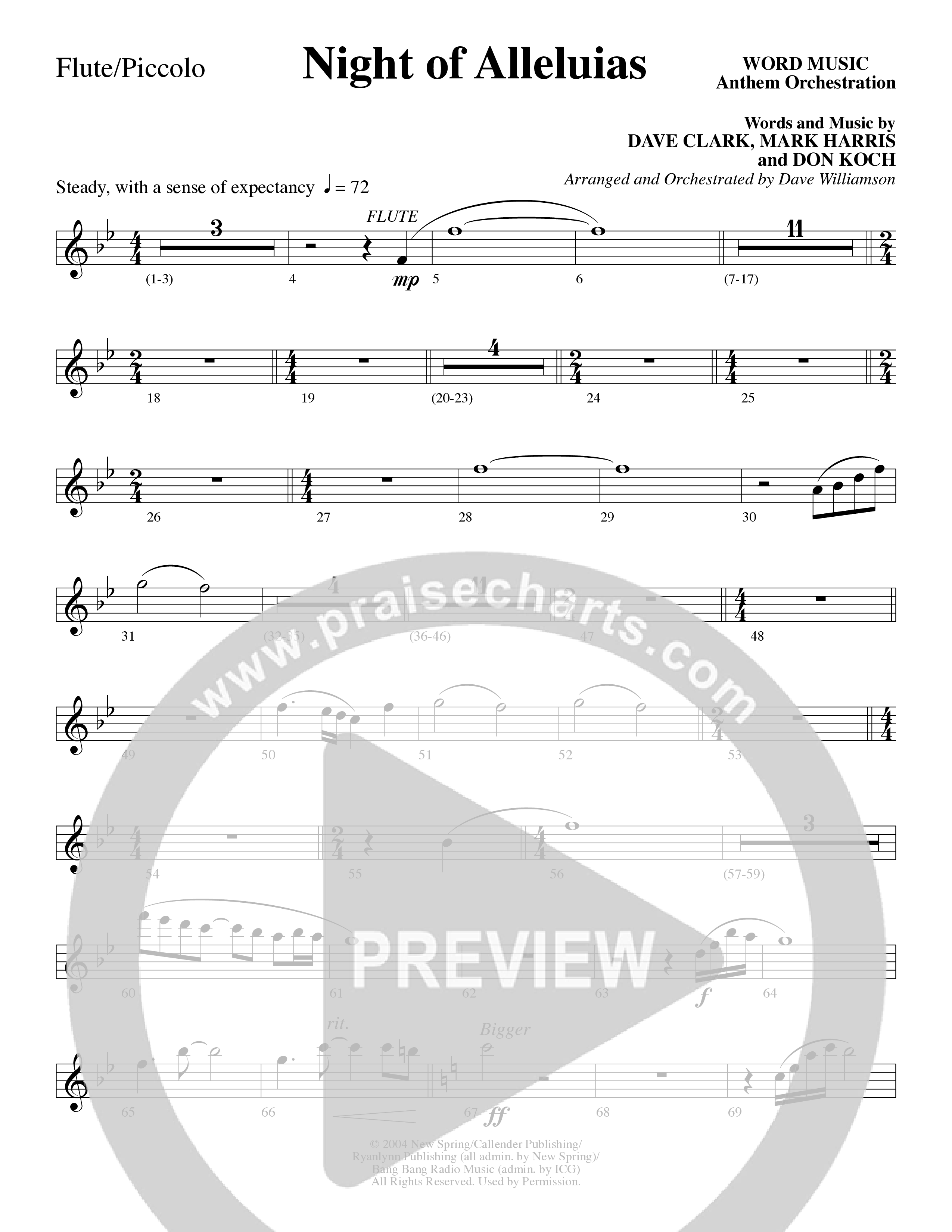 Night Of Alleluias (Choral Anthem SATB) Flute/Piccolo (Word Music Choral / Arr. Dave Williamson)