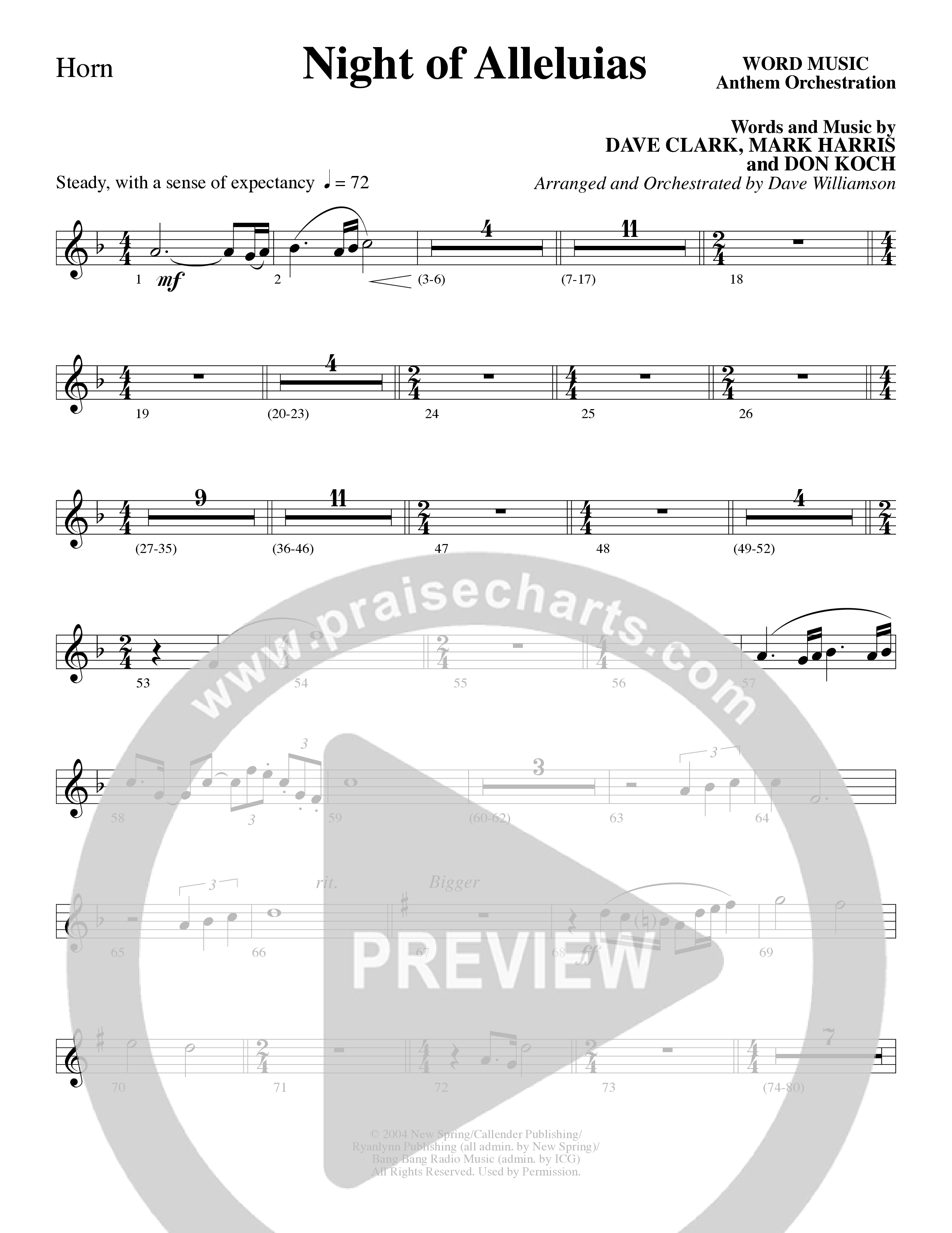 Night Of Alleluias (Choral Anthem SATB) French Horn (Word Music Choral / Arr. Dave Williamson)
