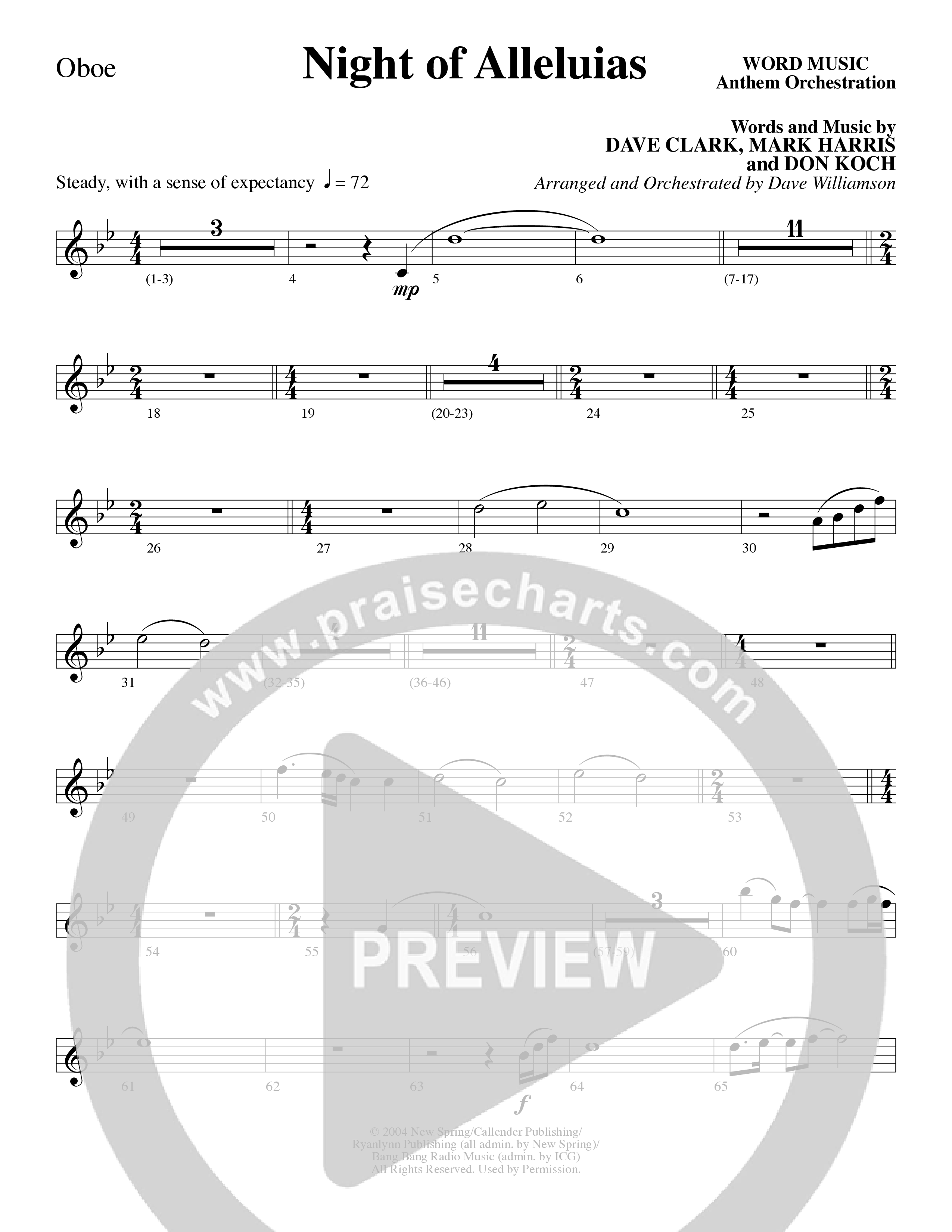 Night Of Alleluias (Choral Anthem SATB) Oboe (Word Music Choral / Arr. Dave Williamson)