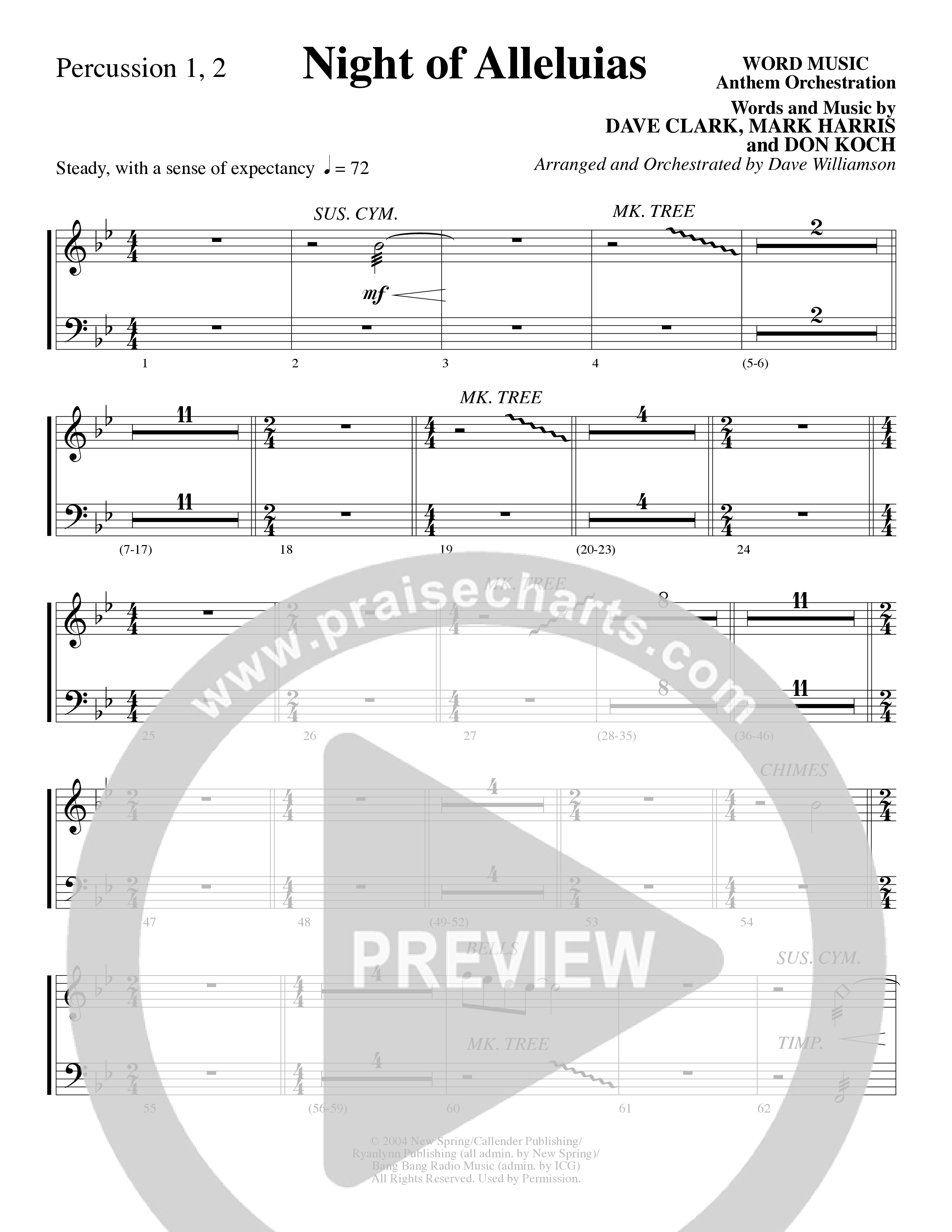Night Of Alleluias (Choral Anthem SATB) Percussion 1/2 (Word Music Choral / Arr. Dave Williamson)