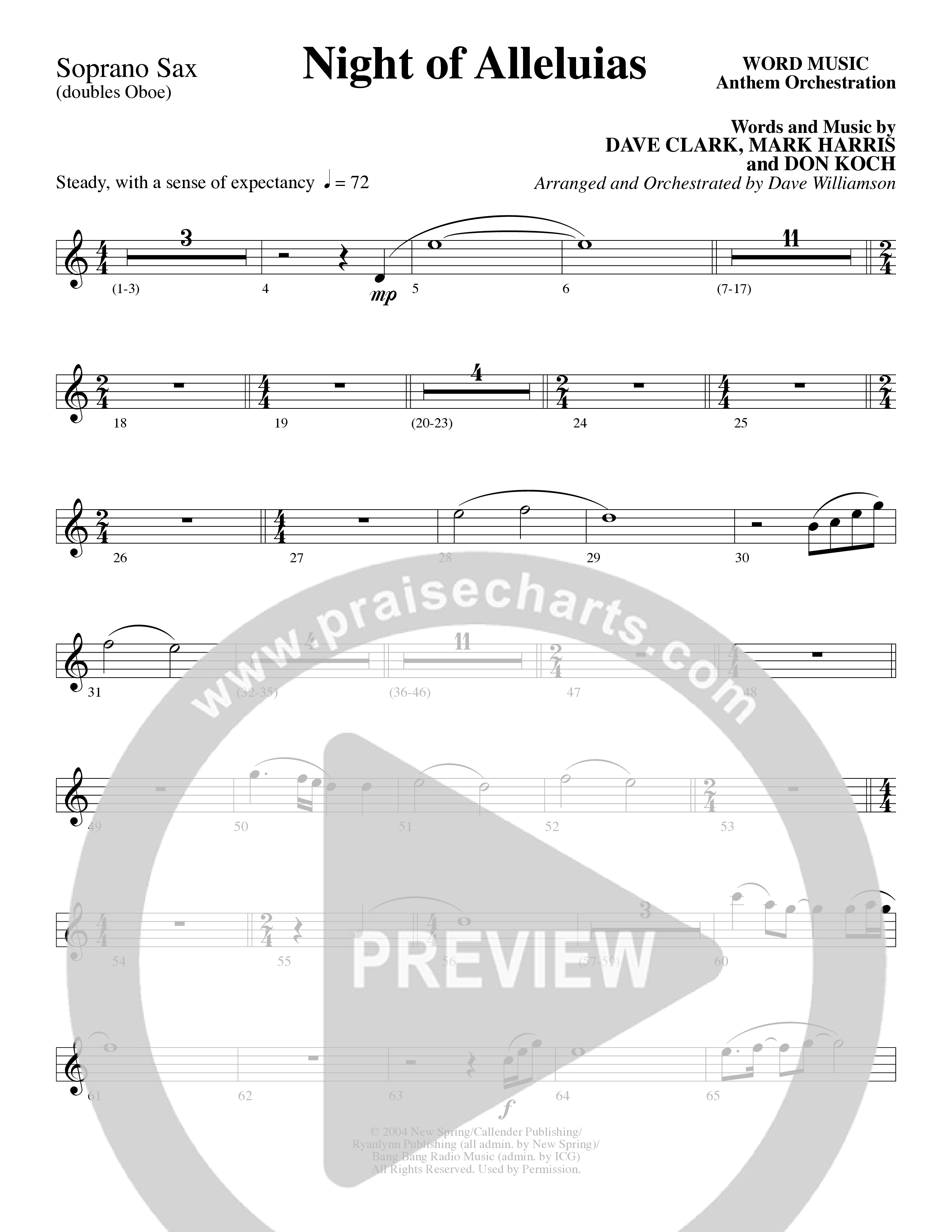 Night Of Alleluias (Choral Anthem SATB) Soprano Sax (Word Music Choral / Arr. Dave Williamson)