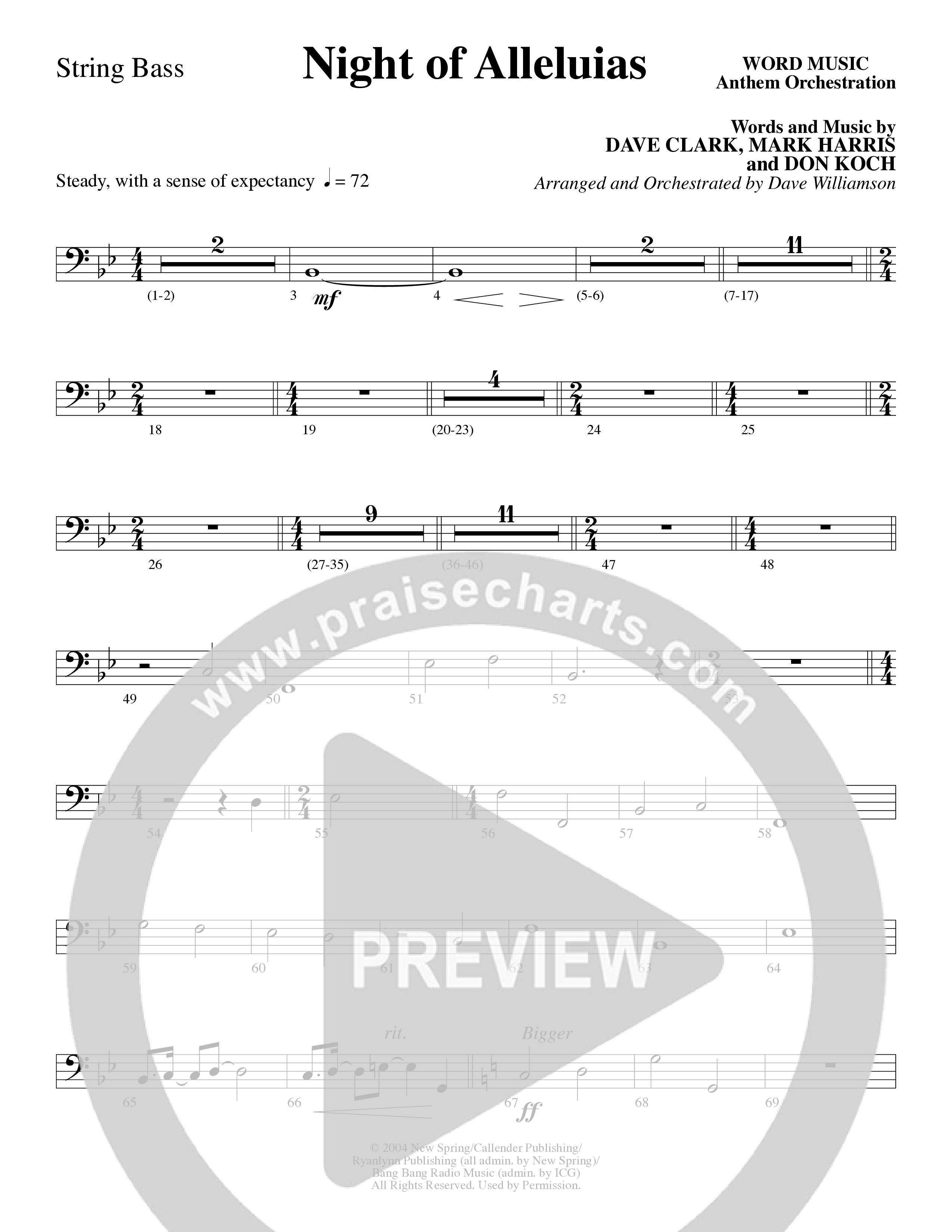 Night Of Alleluias (Choral Anthem SATB) String Bass (Word Music Choral / Arr. Dave Williamson)