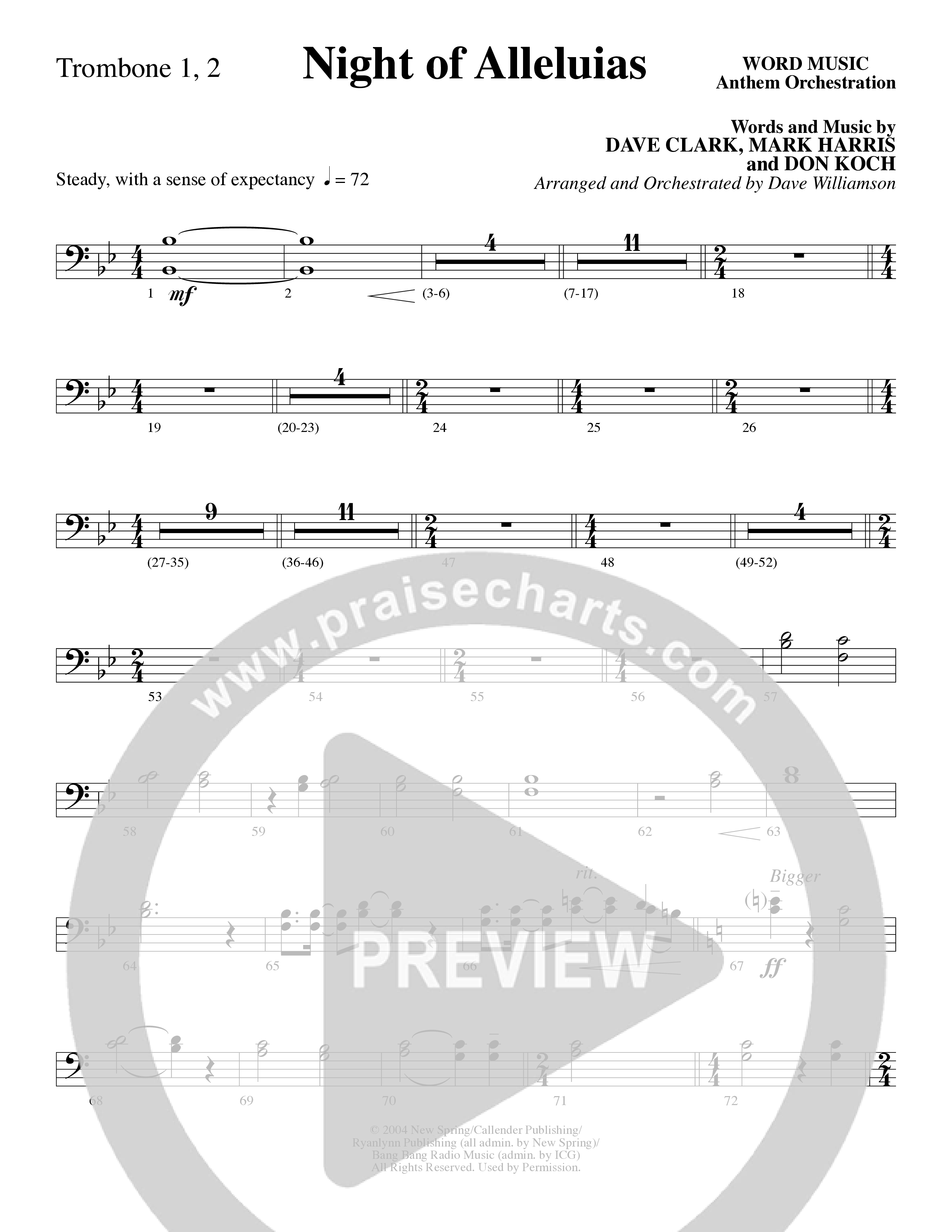 Night Of Alleluias (Choral Anthem SATB) Trombone 1/2 (Word Music Choral / Arr. Dave Williamson)