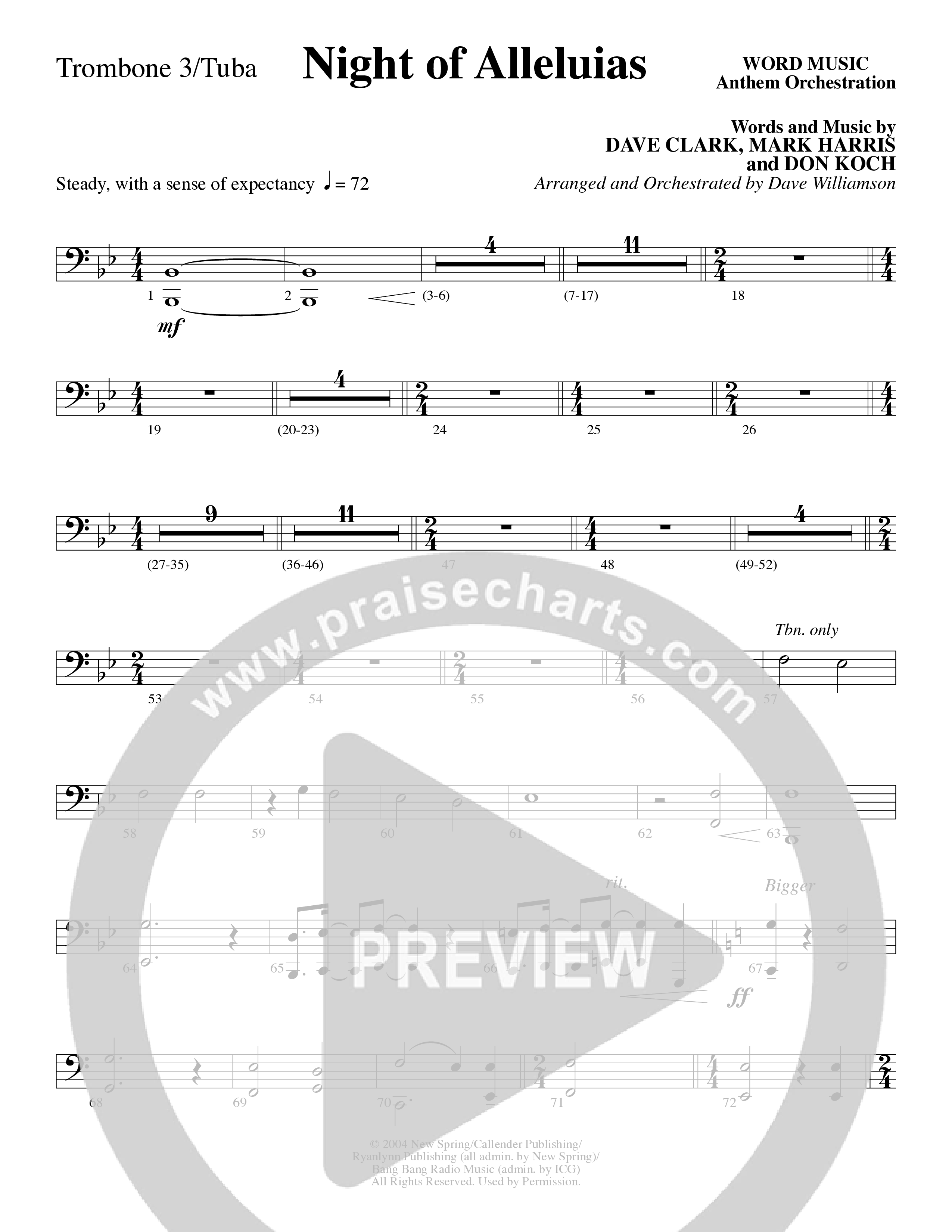 Night Of Alleluias (Choral Anthem SATB) Trombone 3/Tuba (Word Music Choral / Arr. Dave Williamson)