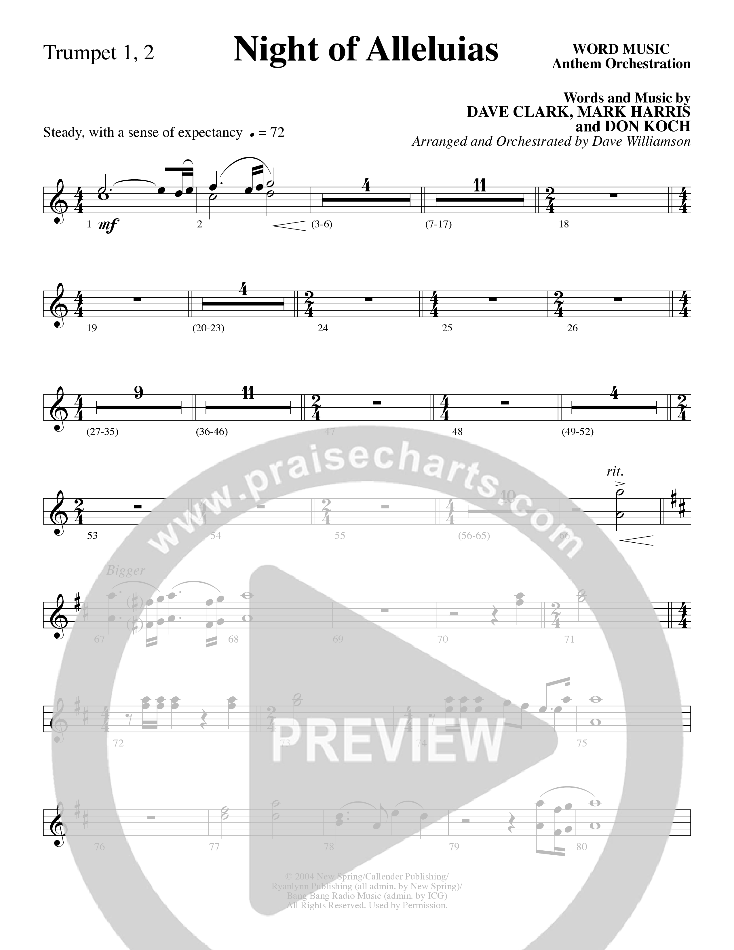 Night Of Alleluias (Choral Anthem SATB) Trumpet 1,2 (Word Music Choral / Arr. Dave Williamson)