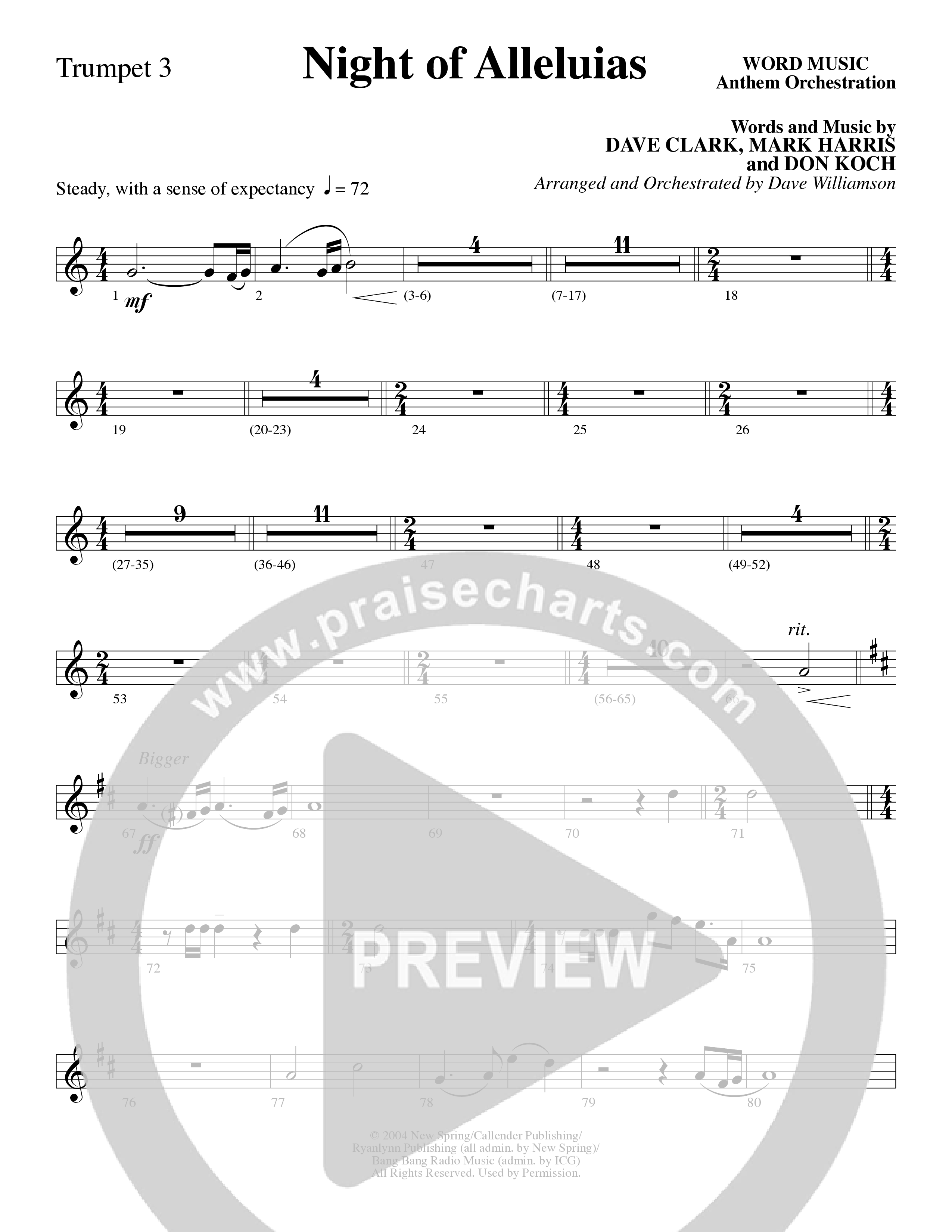 Night Of Alleluias (Choral Anthem SATB) Trumpet 3 (Word Music Choral / Arr. Dave Williamson)