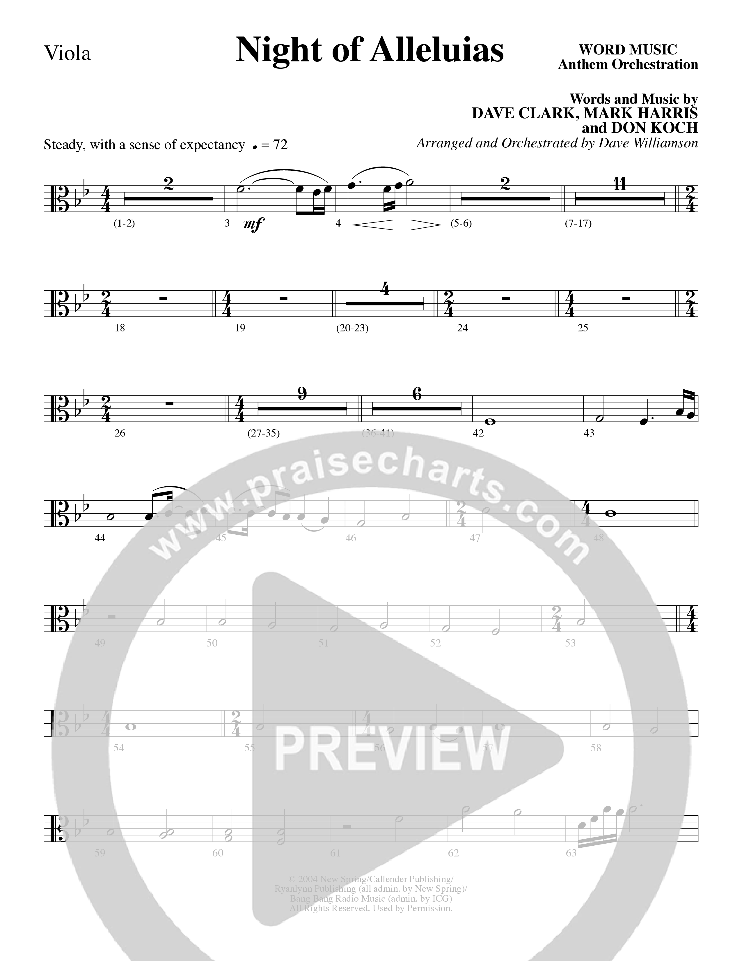Night Of Alleluias (Choral Anthem SATB) Viola (Word Music Choral / Arr. Dave Williamson)