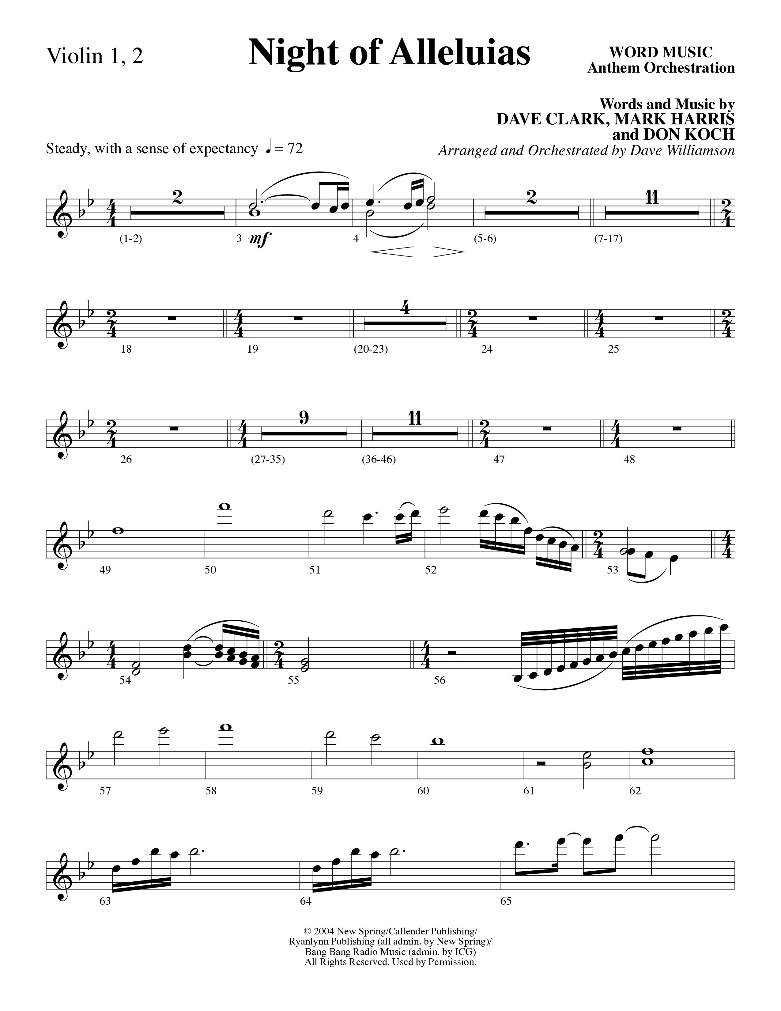 Night Of Alleluias (Choral Anthem SATB) Violin 1/2 (Word Music Choral / Arr. Dave Williamson)