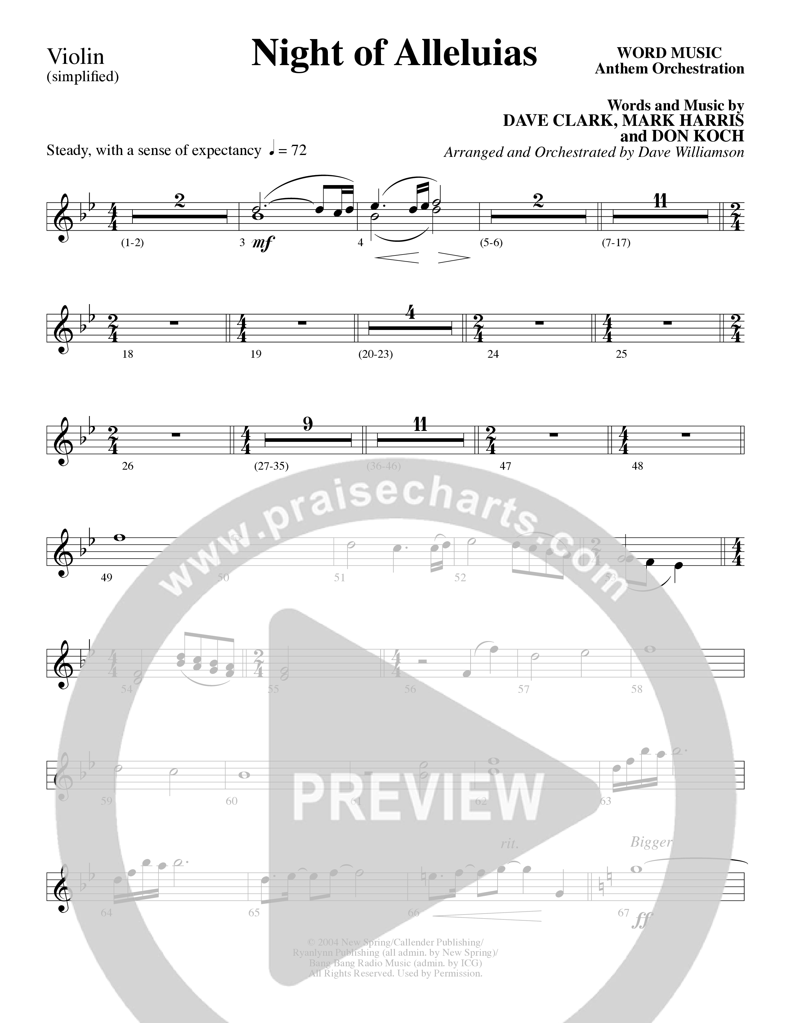 Night Of Alleluias (Choral Anthem SATB) Violin 1/2 (Word Music Choral / Arr. Dave Williamson)