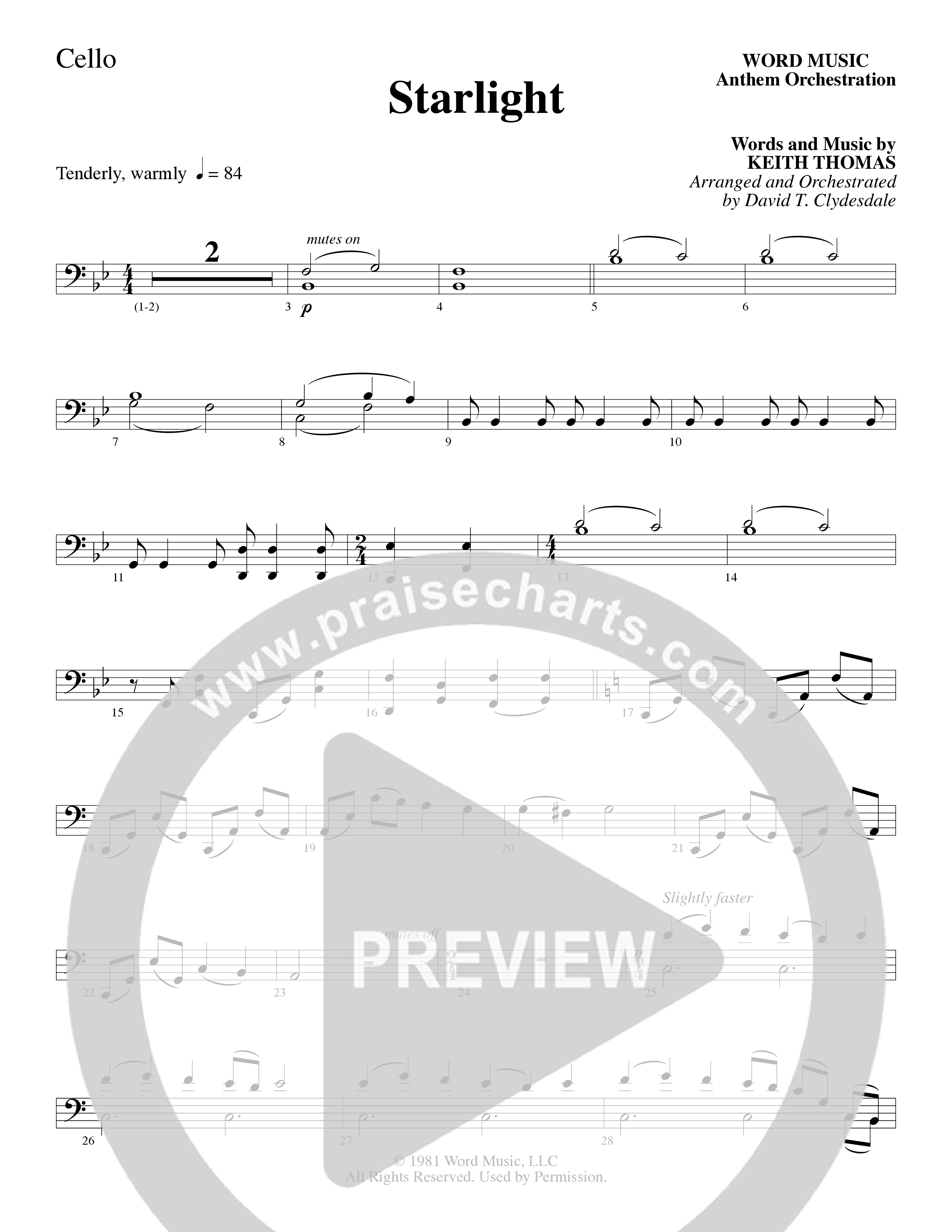 Starlight (Choral Anthem SATB) Cello (Word Music Choral / Arr. David Clydesdale)