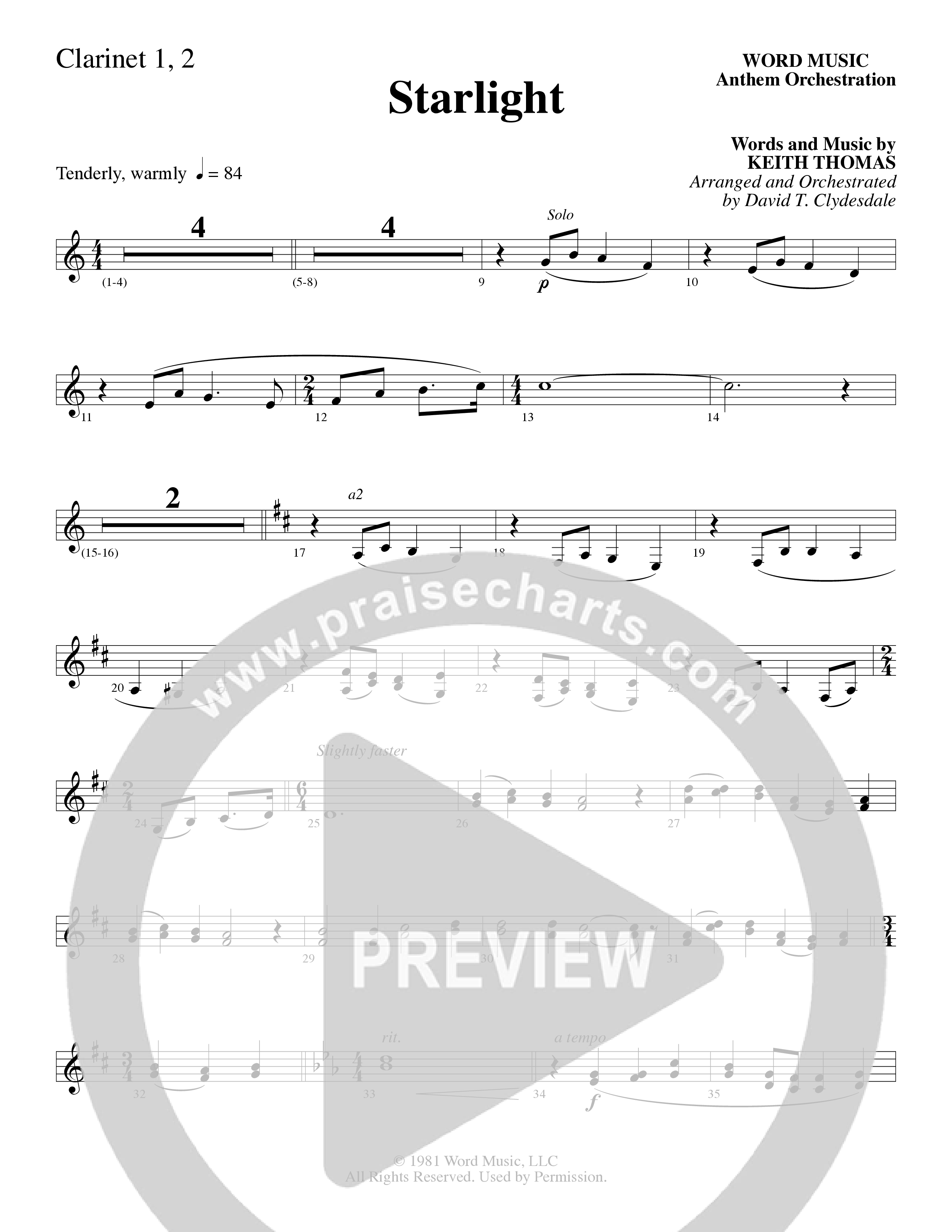 Starlight (Choral Anthem SATB) Clarinet 1/2 (Word Music Choral / Arr. David Clydesdale)