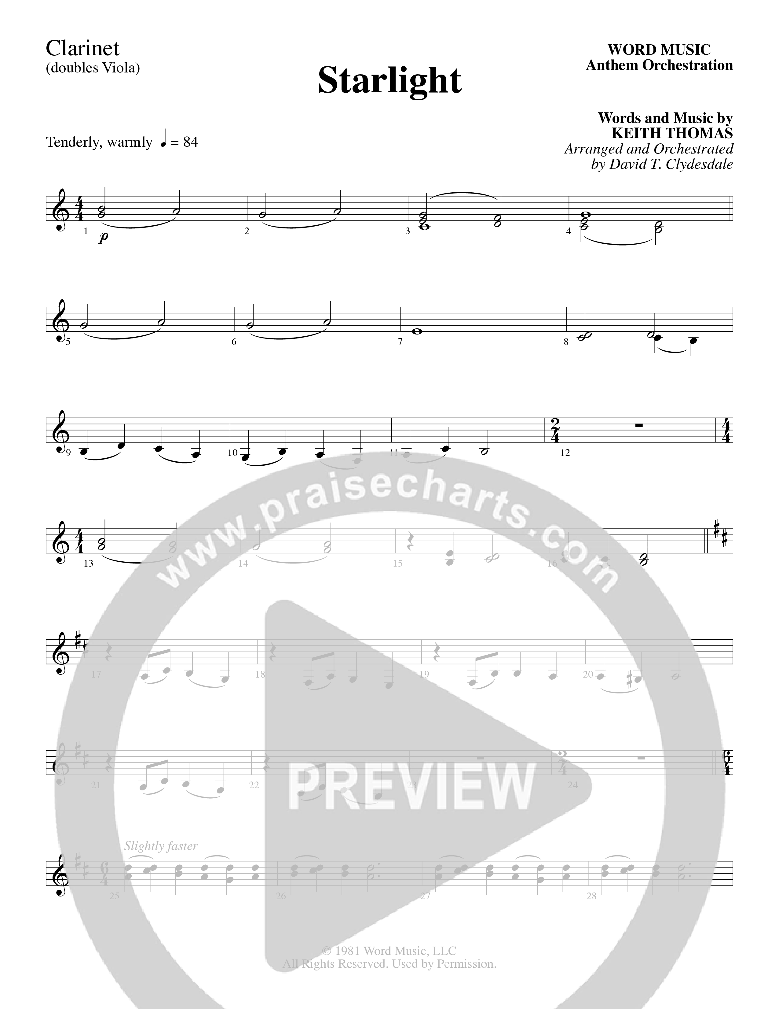 Starlight (Choral Anthem SATB) Clarinet (Word Music Choral / Arr. David Clydesdale)