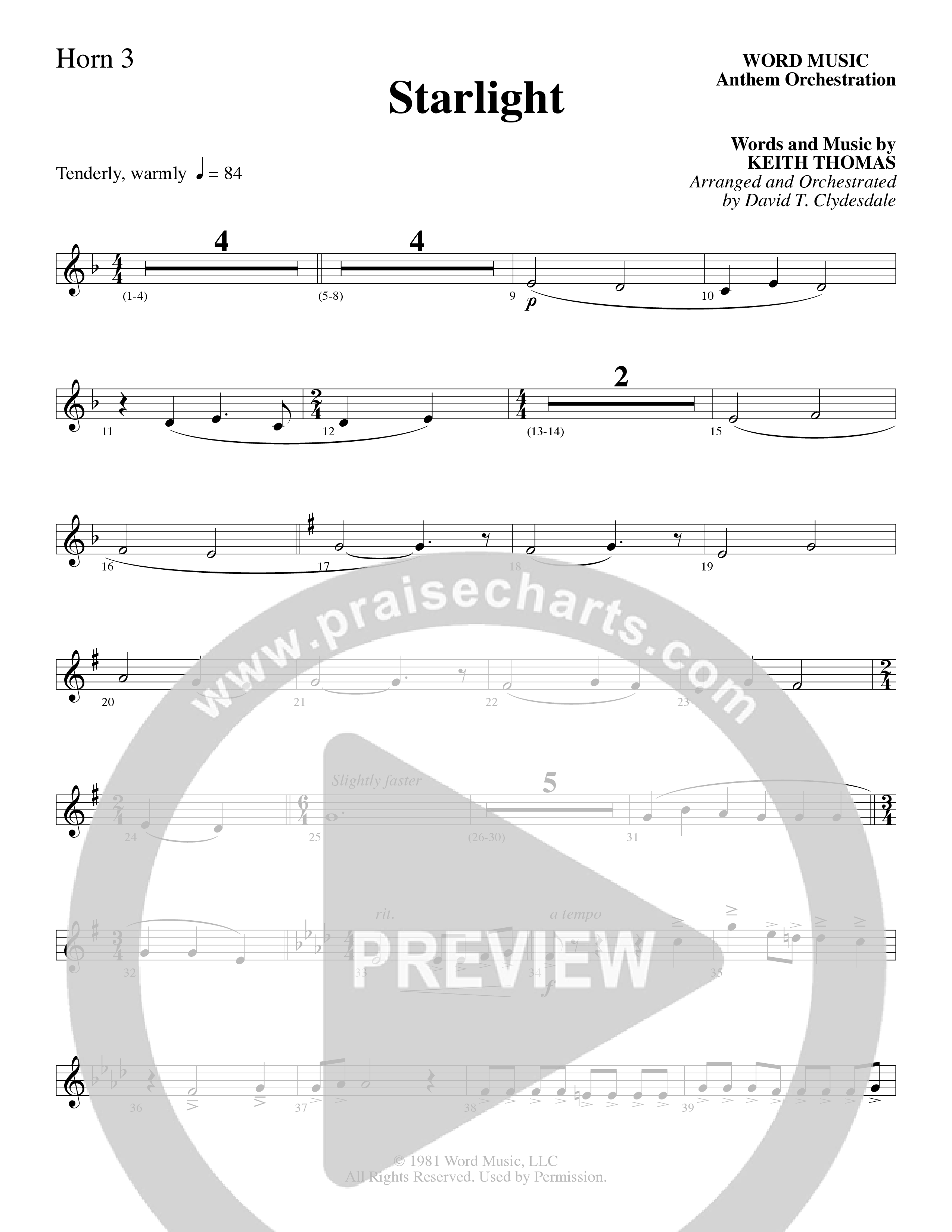 Starlight (Choral Anthem SATB) French Horn 3 (Word Music Choral / Arr. David Clydesdale)