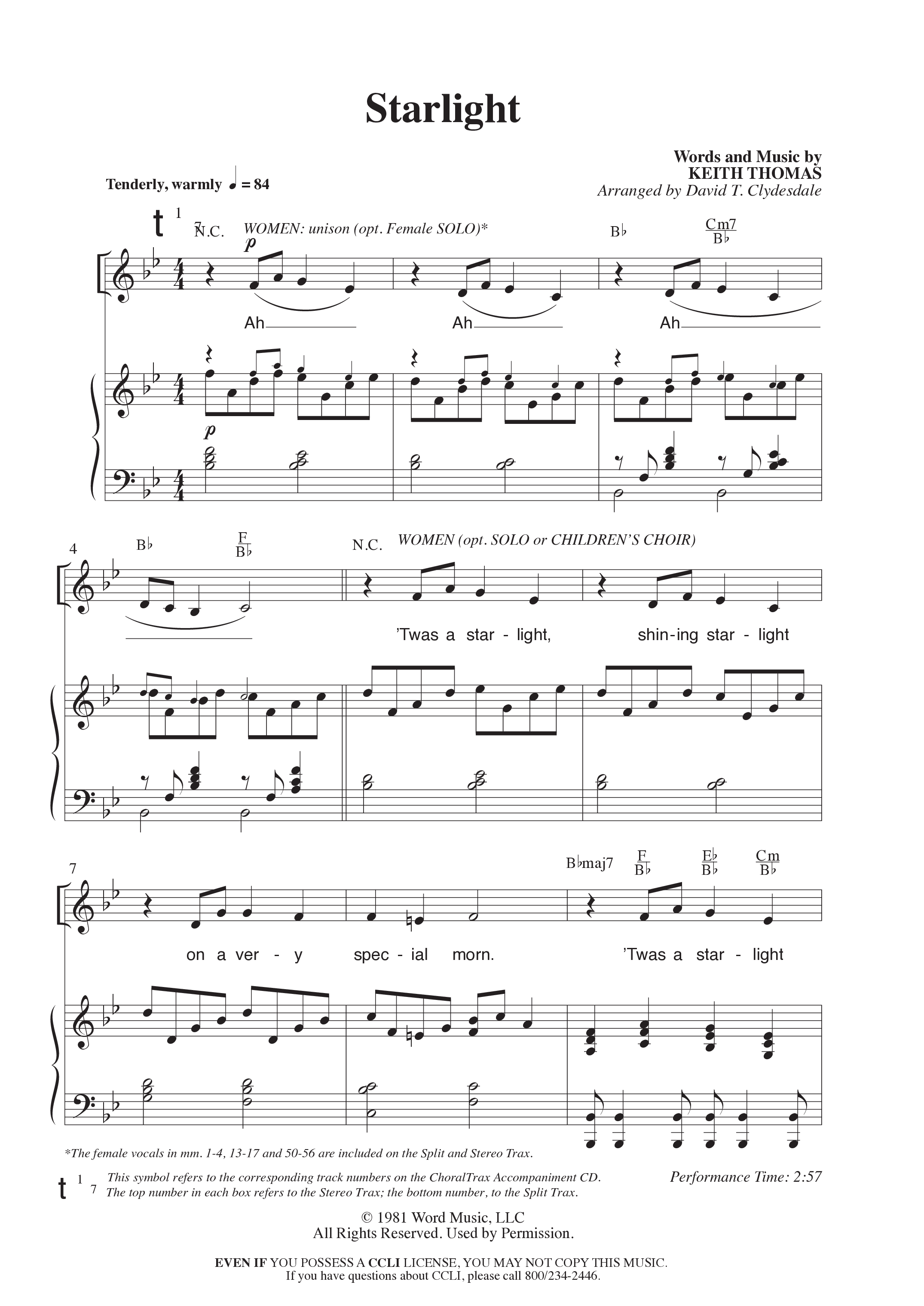 Starlight (Choral Anthem SATB) Anthem (SATB/Piano) (Word Music Choral / Arr. David Clydesdale)