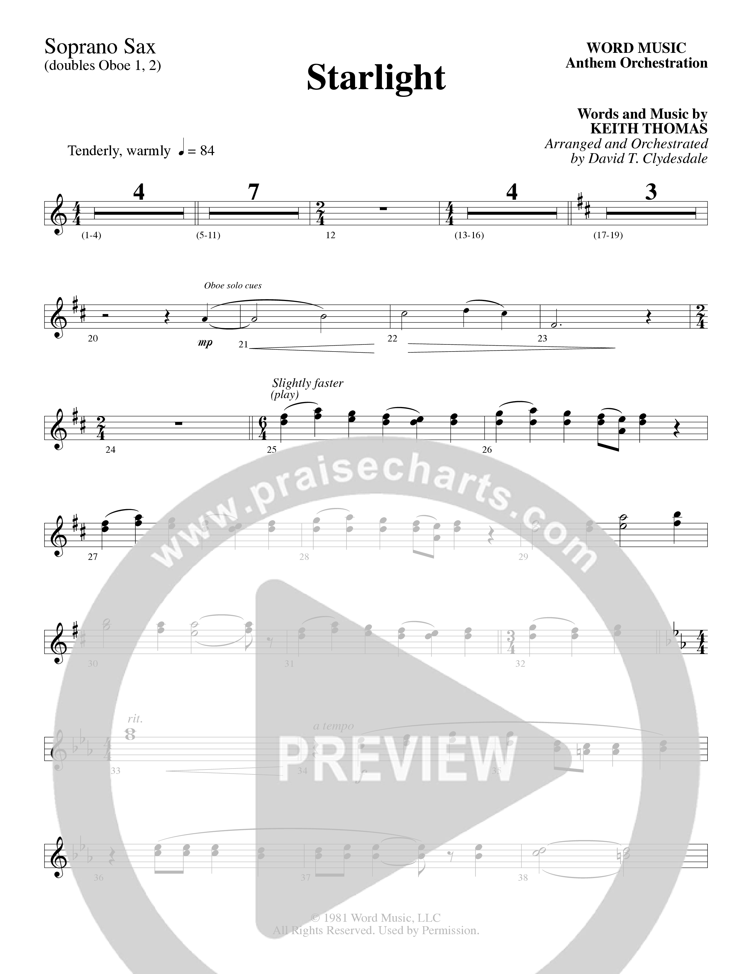 Starlight (Choral Anthem SATB) Soprano Sax (Word Music Choral / Arr. David Clydesdale)