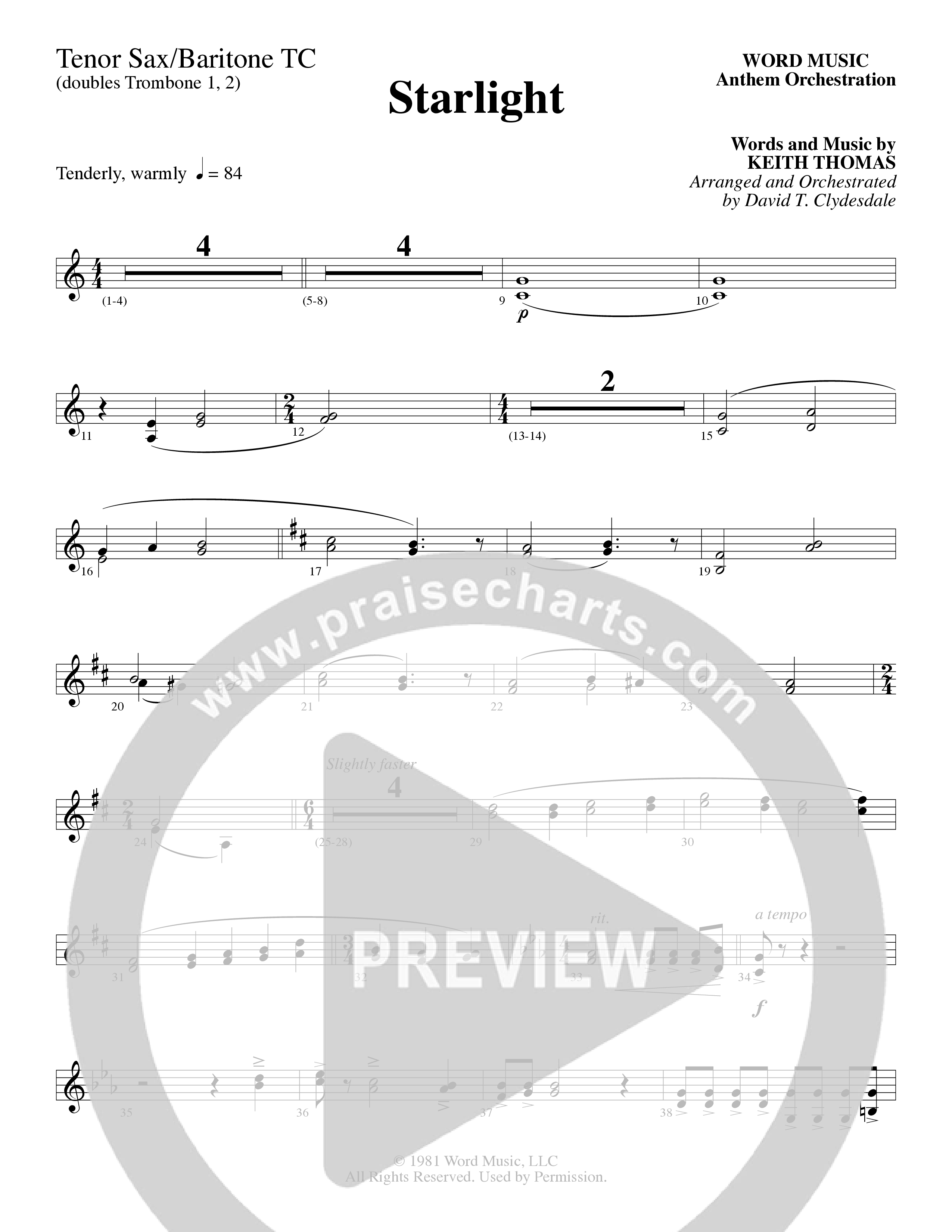 Starlight (Choral Anthem SATB) Tenor Sax/Baritone T.C. (Word Music Choral / Arr. David Clydesdale)
