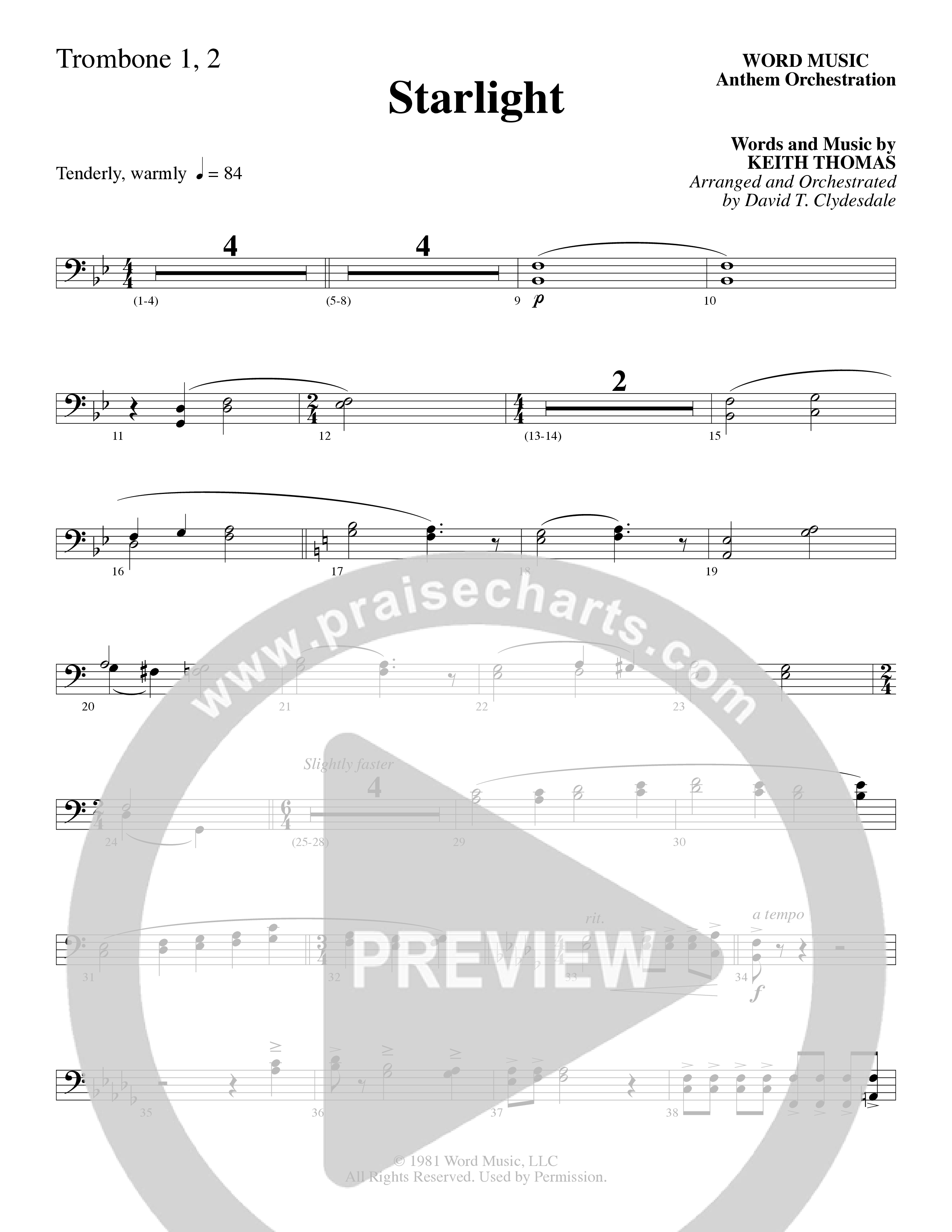 Starlight (Choral Anthem SATB) Trombone 1/2 (Word Music Choral / Arr. David Clydesdale)