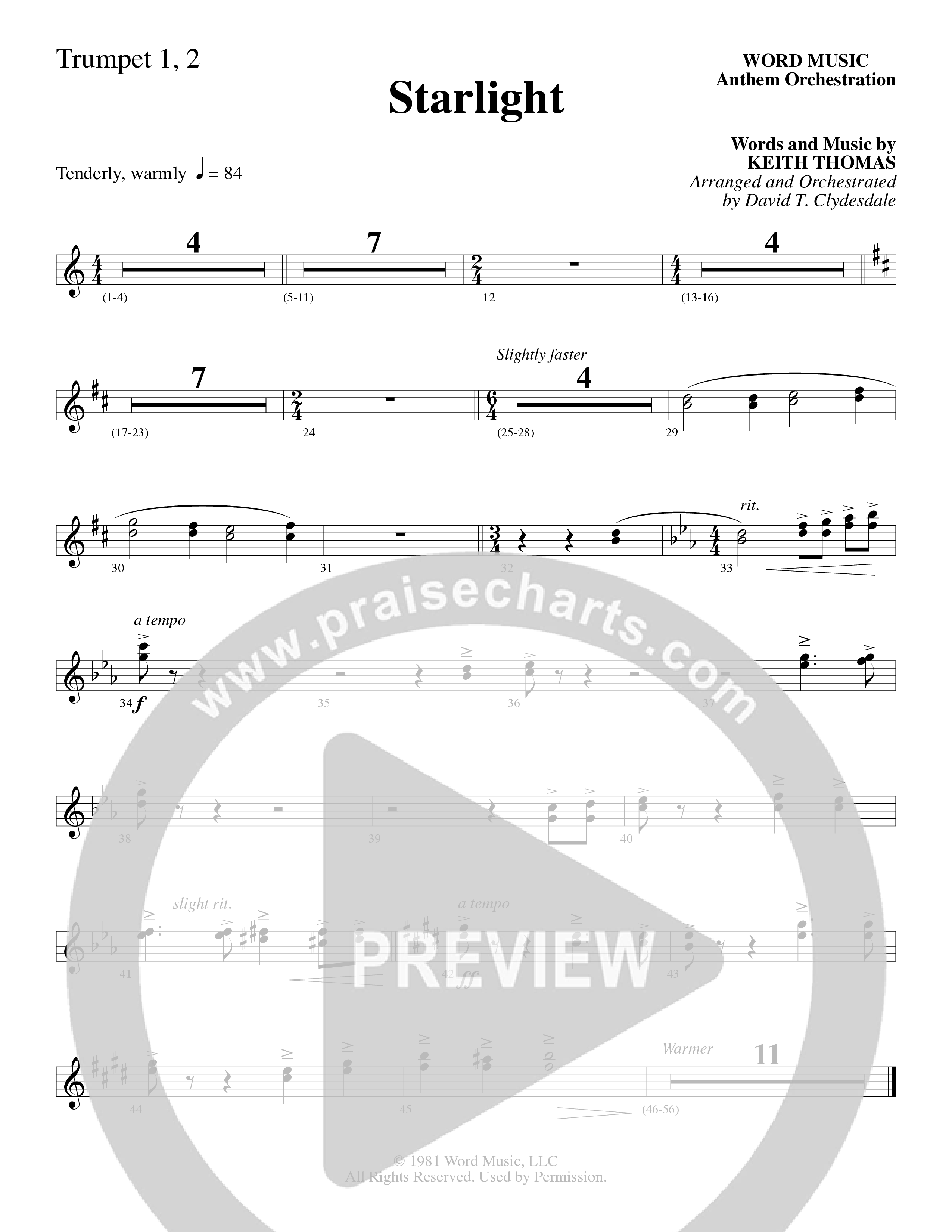 Starlight (Choral Anthem SATB) Trumpet 1,2 (Word Music Choral / Arr. David Clydesdale)