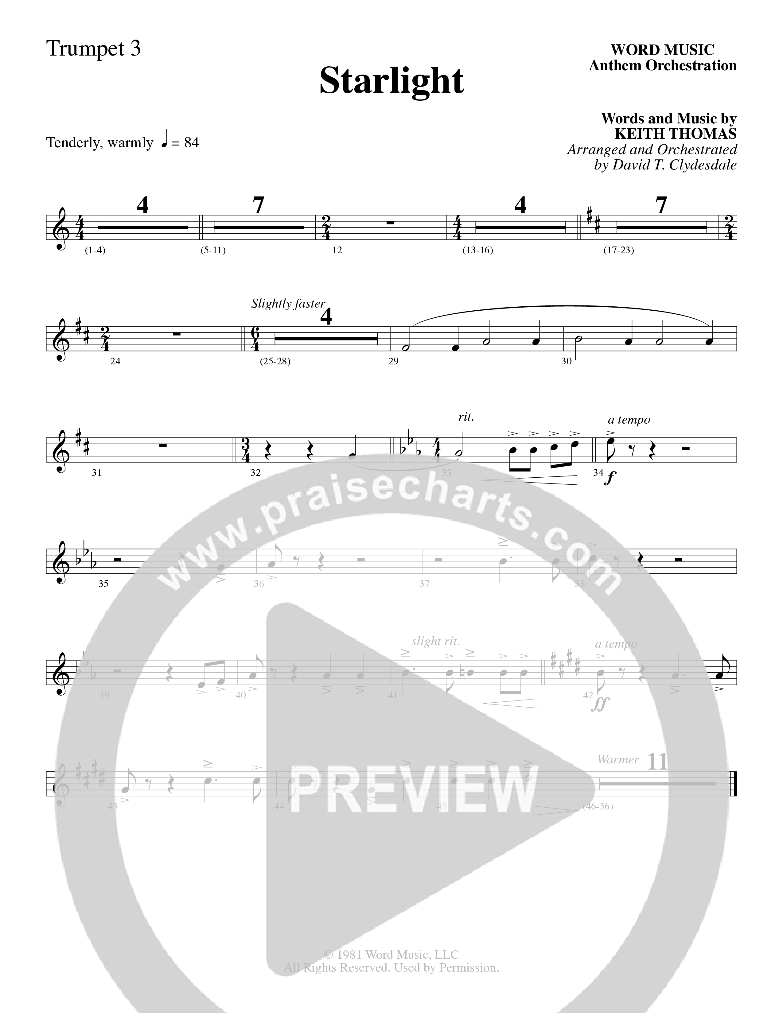 Starlight (Choral Anthem SATB) Trumpet 3 (Word Music Choral / Arr. David Clydesdale)