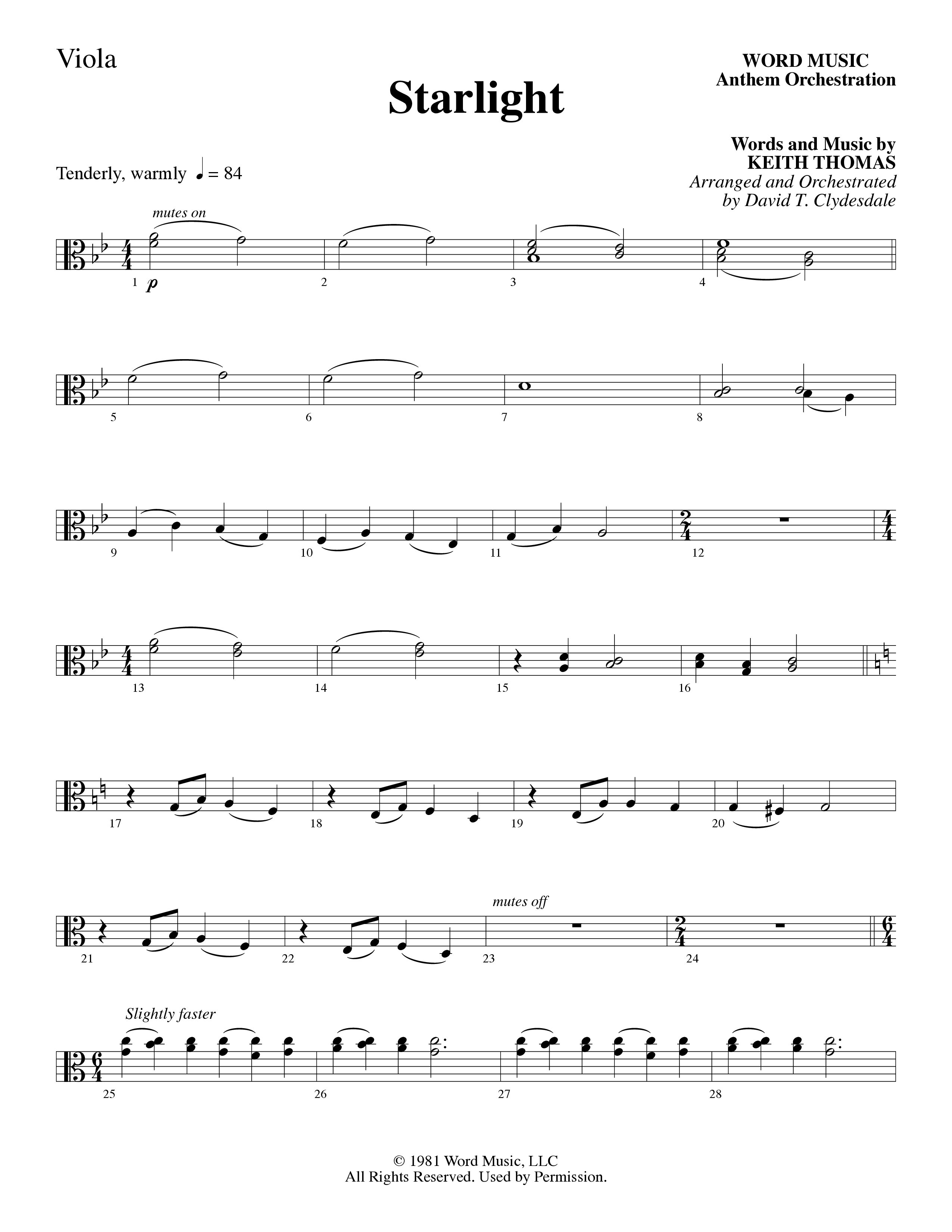 Starlight (Choral Anthem SATB) Viola (Word Music Choral / Arr. David Clydesdale)