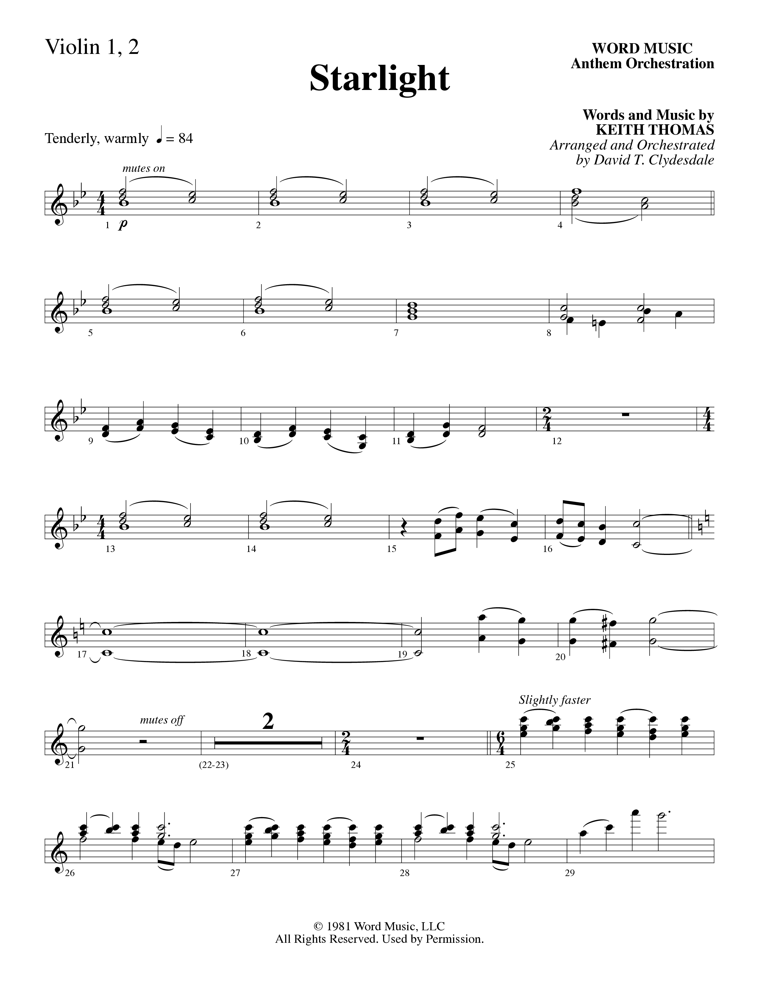 Starlight (Choral Anthem SATB) Violin 1/2 (Word Music Choral / Arr. David Clydesdale)
