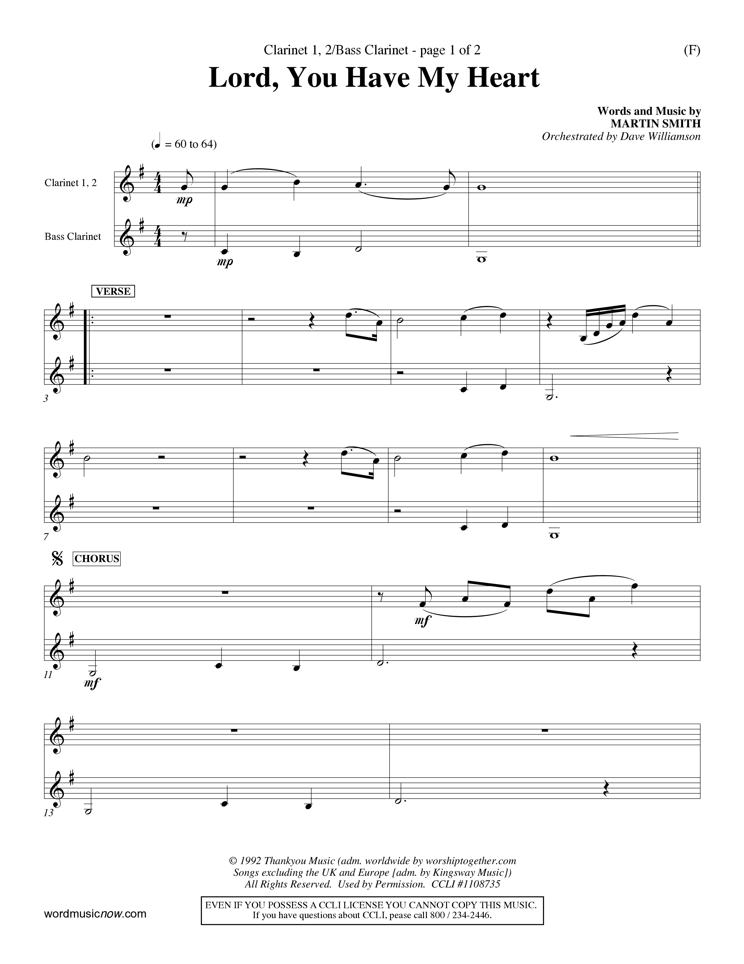 Lord You Have My Heart (Choral Anthem SATB) Clarinet 1/2, Bass Clarinet (Word Music Choral / Arr. Dave Williamson)