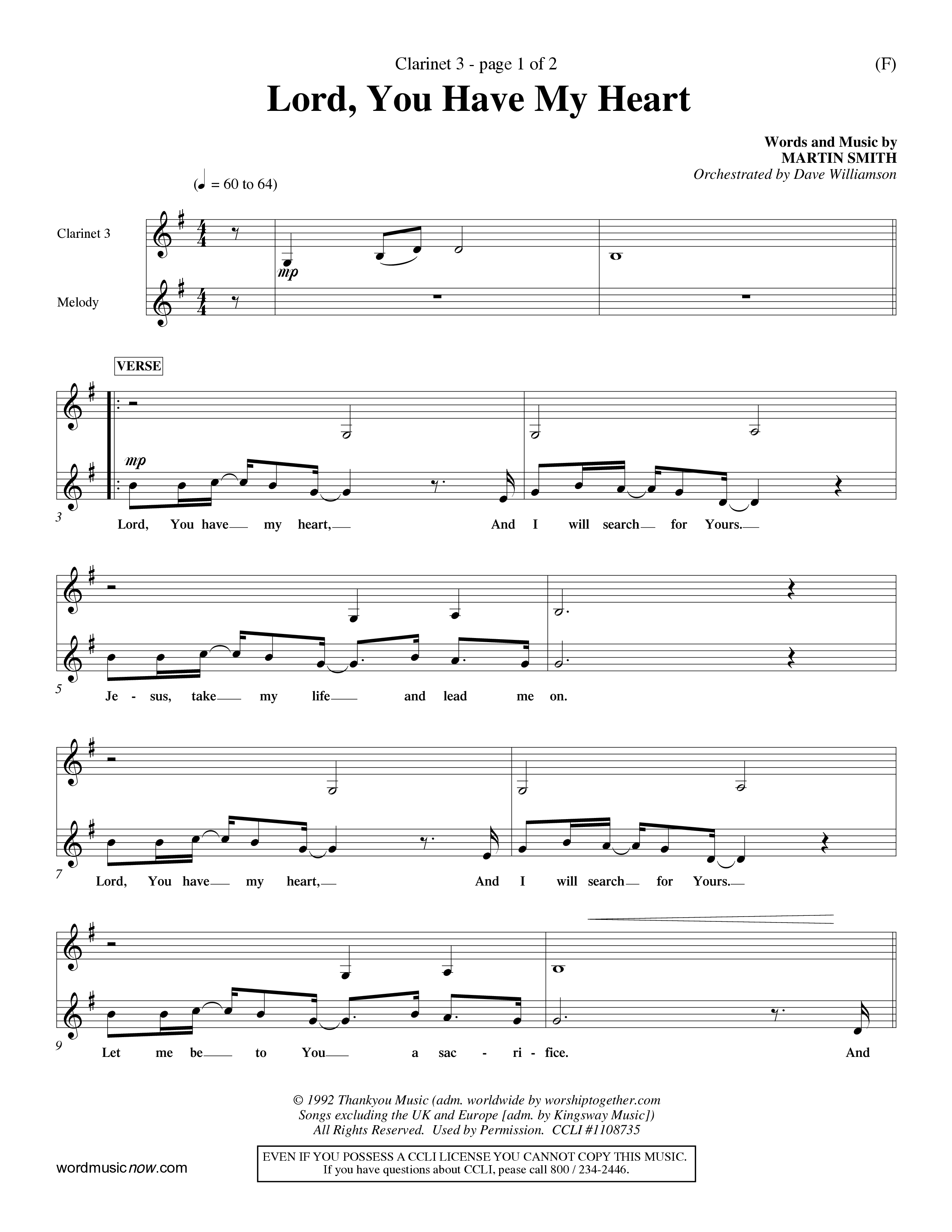 Lord You Have My Heart (Choral Anthem SATB) Clarinet 3 (Word Music Choral / Arr. Dave Williamson)