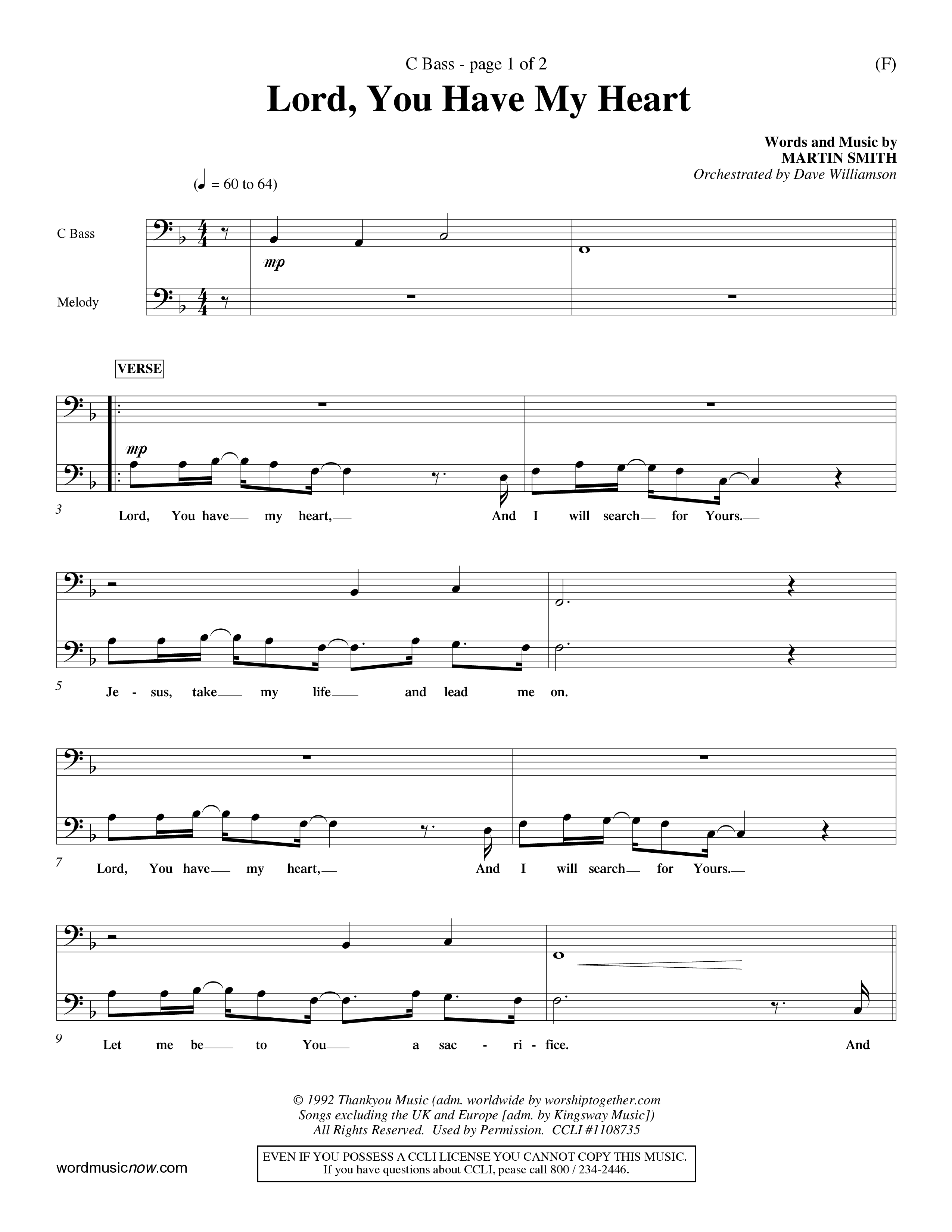 Lord You Have My Heart (Choral Anthem SATB) Contrabass (Word Music Choral / Arr. Dave Williamson)