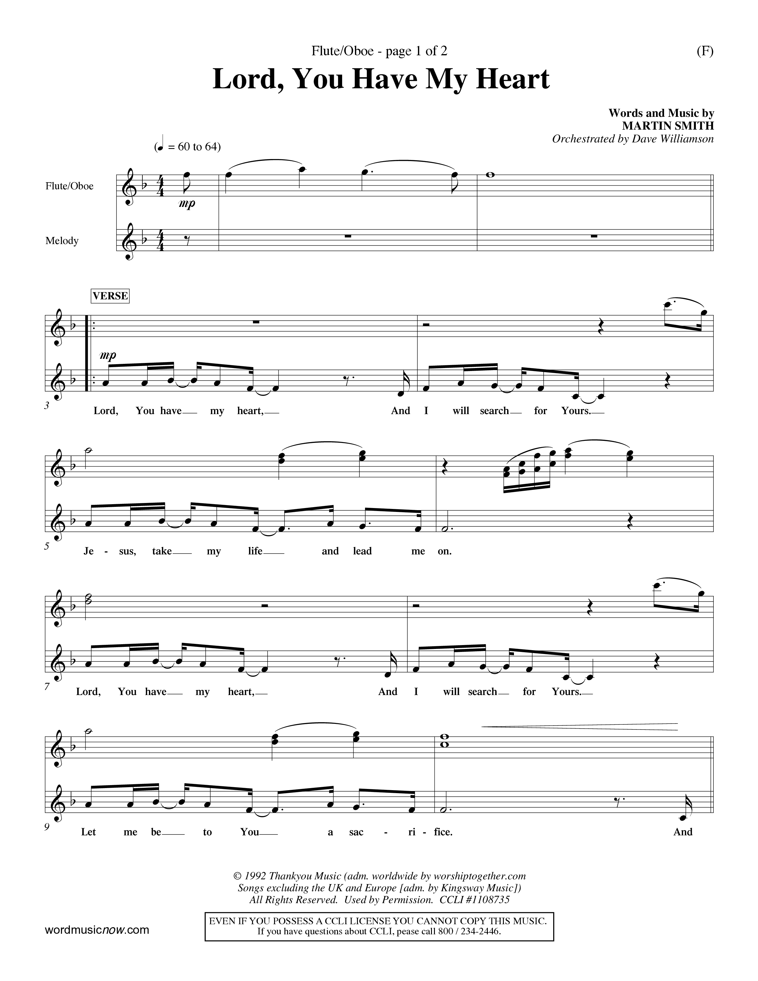 Lord You Have My Heart (Choral Anthem SATB) Flute/Oboe (Word Music Choral / Arr. Dave Williamson)
