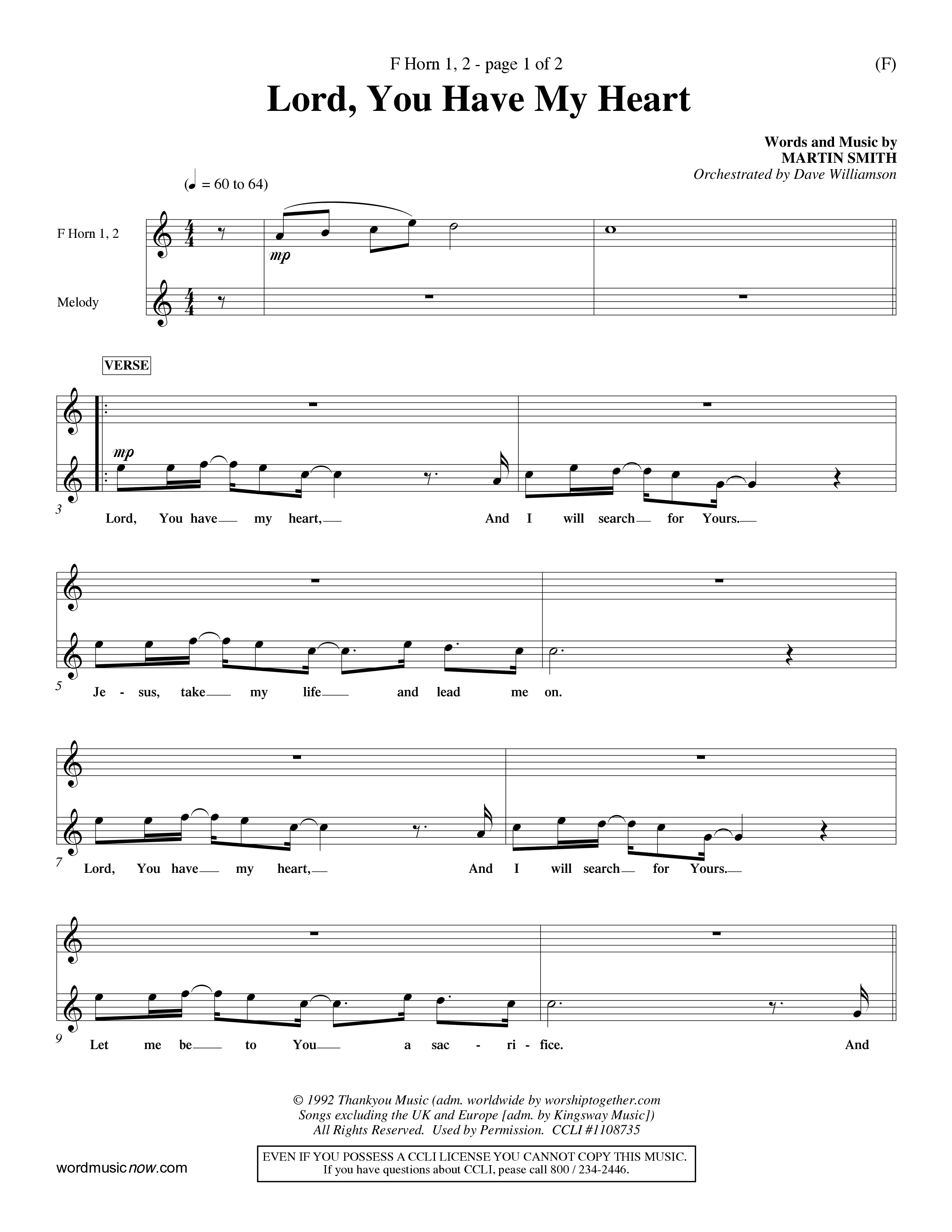 Lord You Have My Heart (Choral Anthem SATB) French Horn (Word Music Choral / Arr. Dave Williamson)