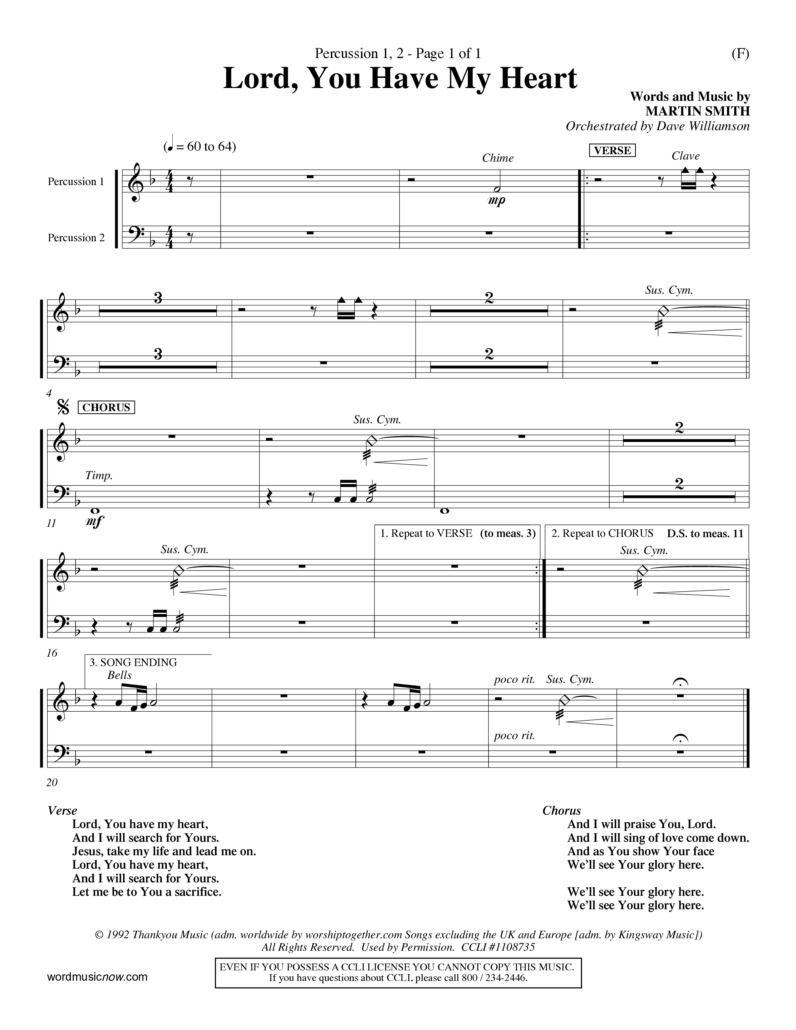 Lord You Have My Heart (Choral Anthem SATB) Percussion 1/2 (Word Music Choral / Arr. Dave Williamson)