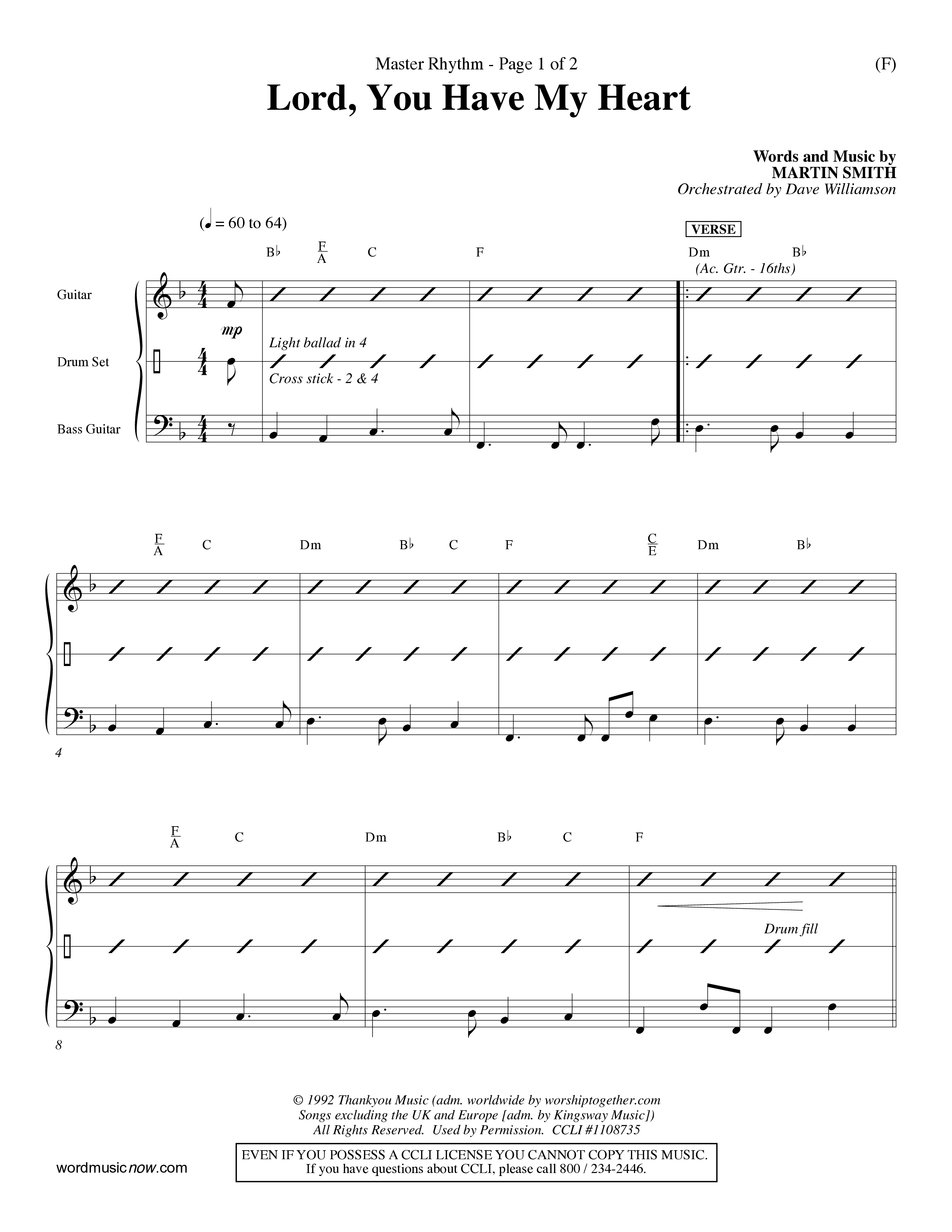 Lord You Have My Heart (Choral Anthem SATB) Rhythm Chart (Word Music Choral / Arr. Dave Williamson)