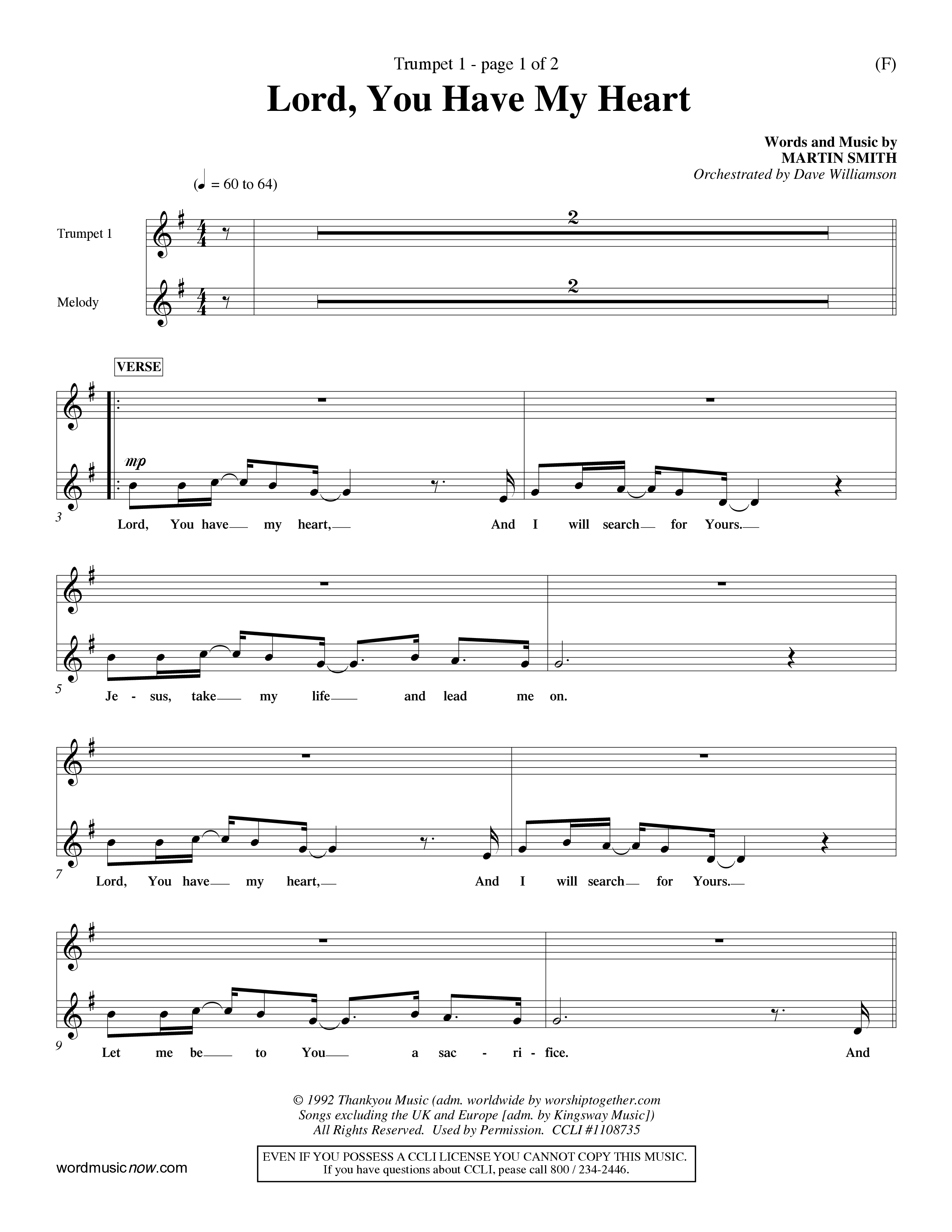 Lord You Have My Heart (Choral Anthem SATB) Trumpet 1 (Word Music Choral / Arr. Dave Williamson)