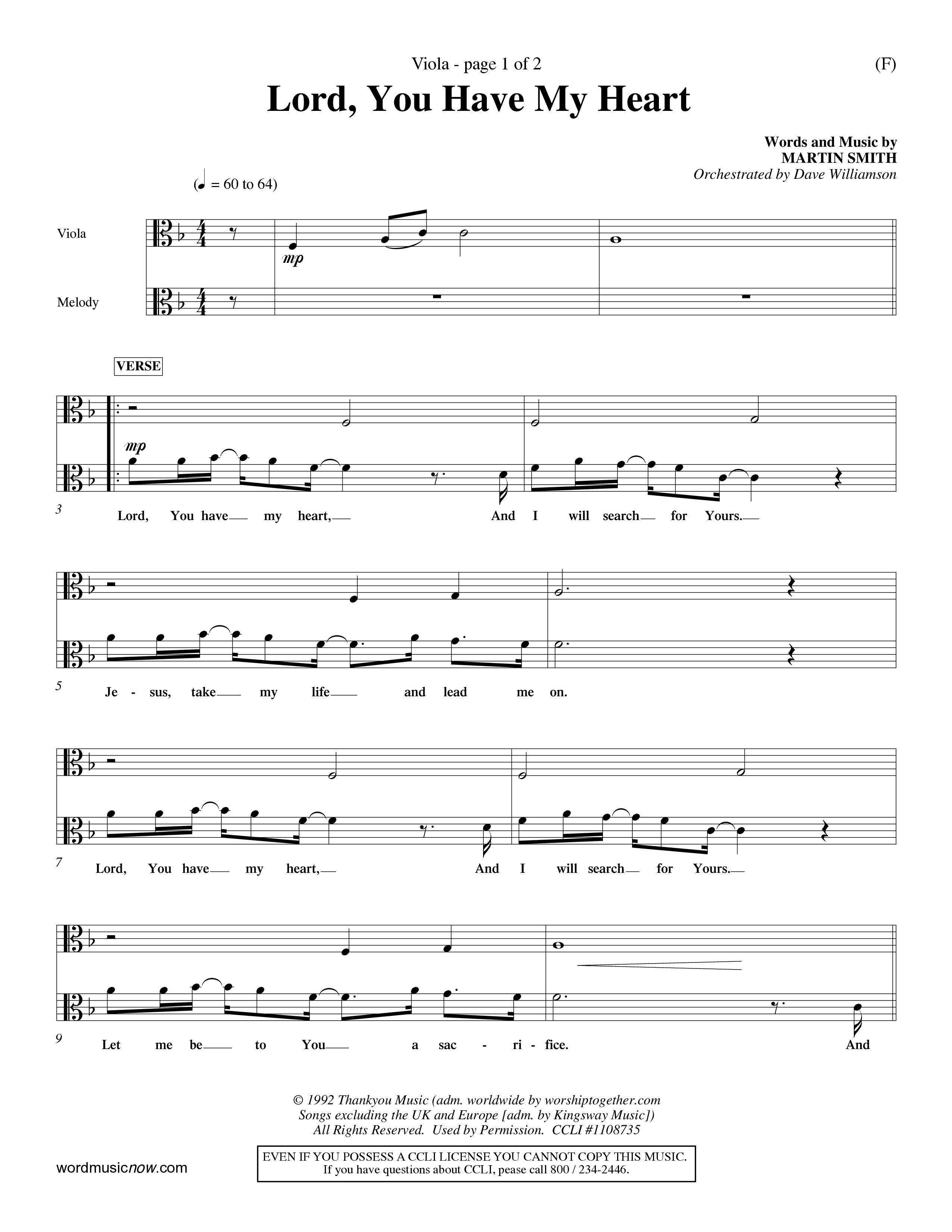 Lord You Have My Heart (Choral Anthem SATB) Viola (Word Music Choral / Arr. Dave Williamson)