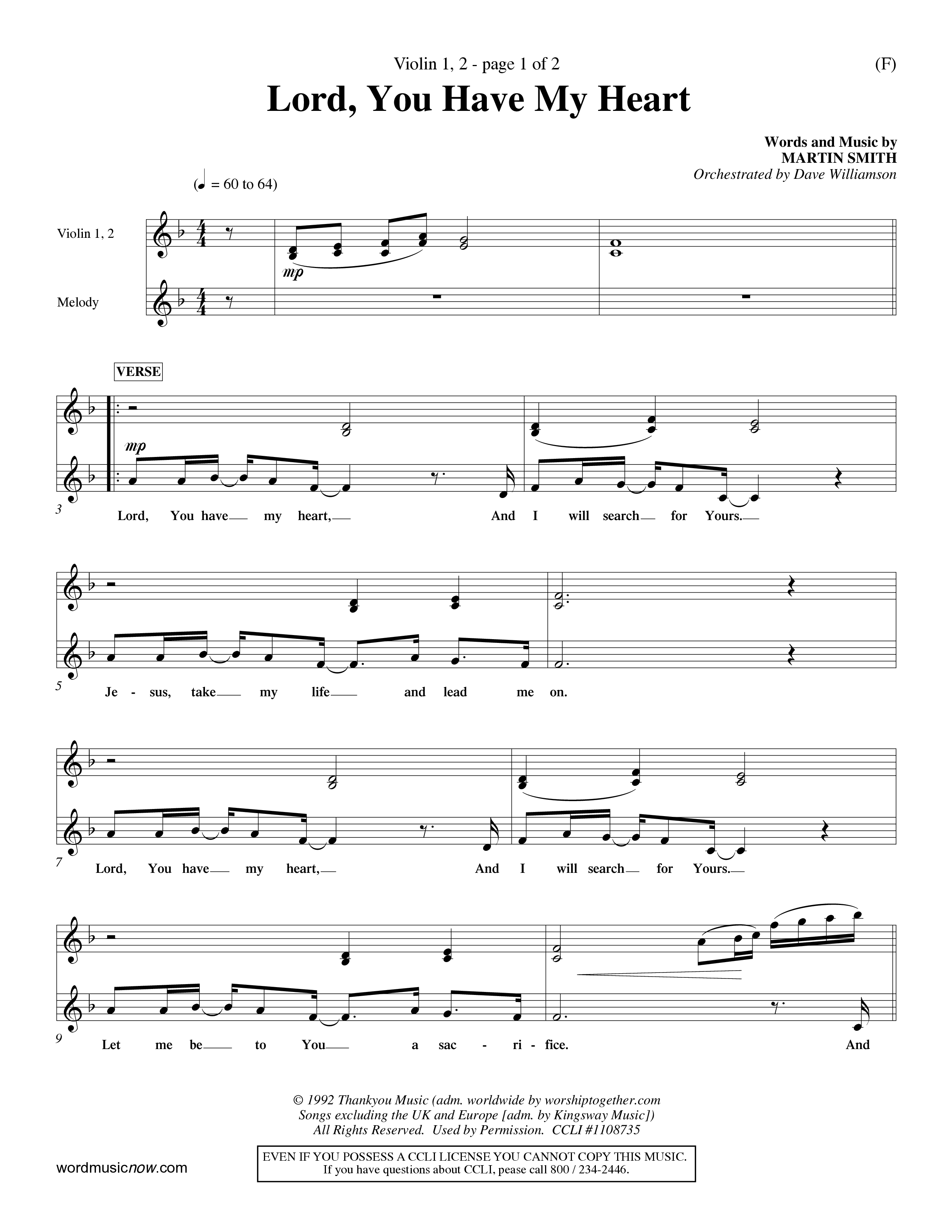 Lord You Have My Heart (Choral Anthem SATB) Violin 1/2 (Word Music Choral / Arr. Dave Williamson)