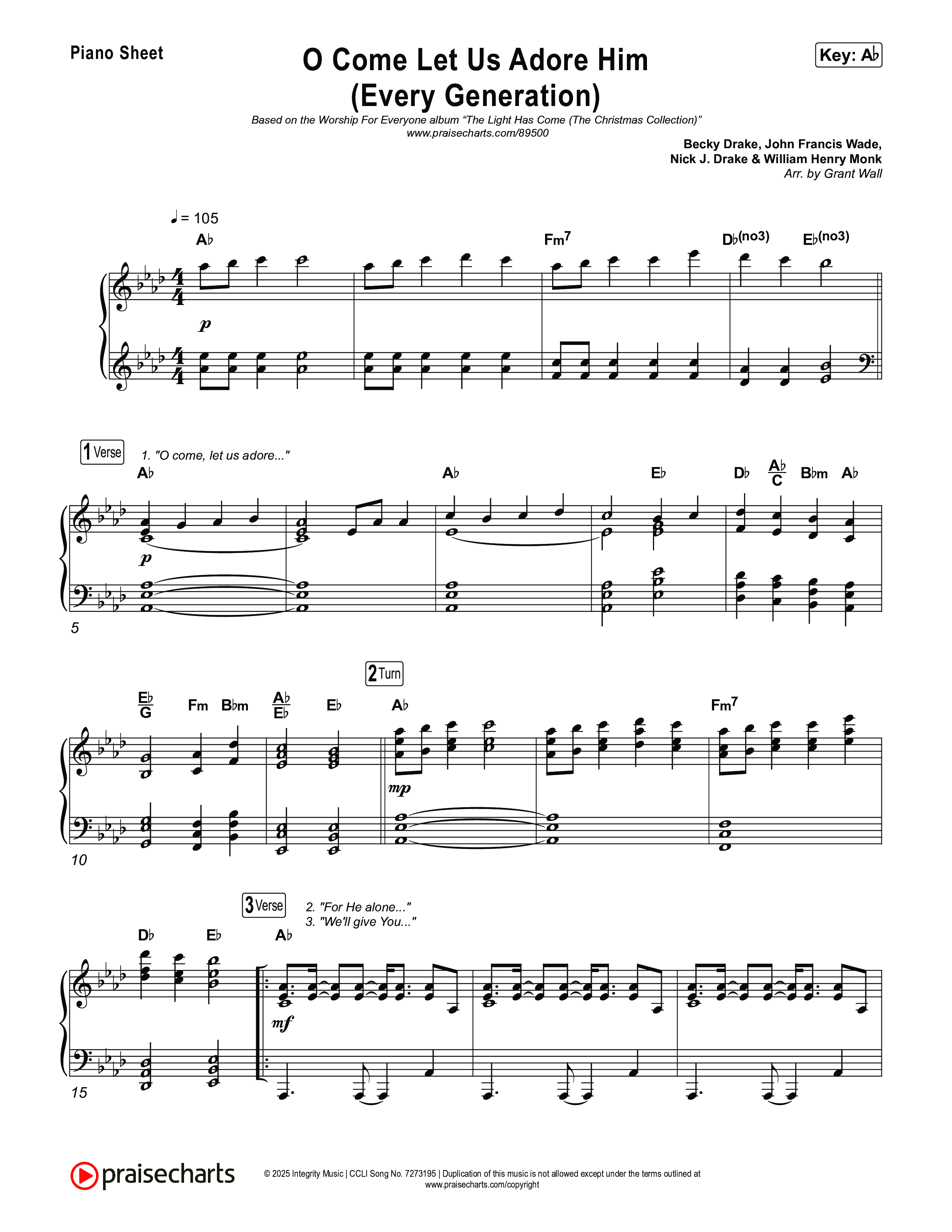 O Come Let Us Adore Him (Every Generation) Piano Sheet (Worship For Everyone / Nick & Becky Drake / Tim Hughes)