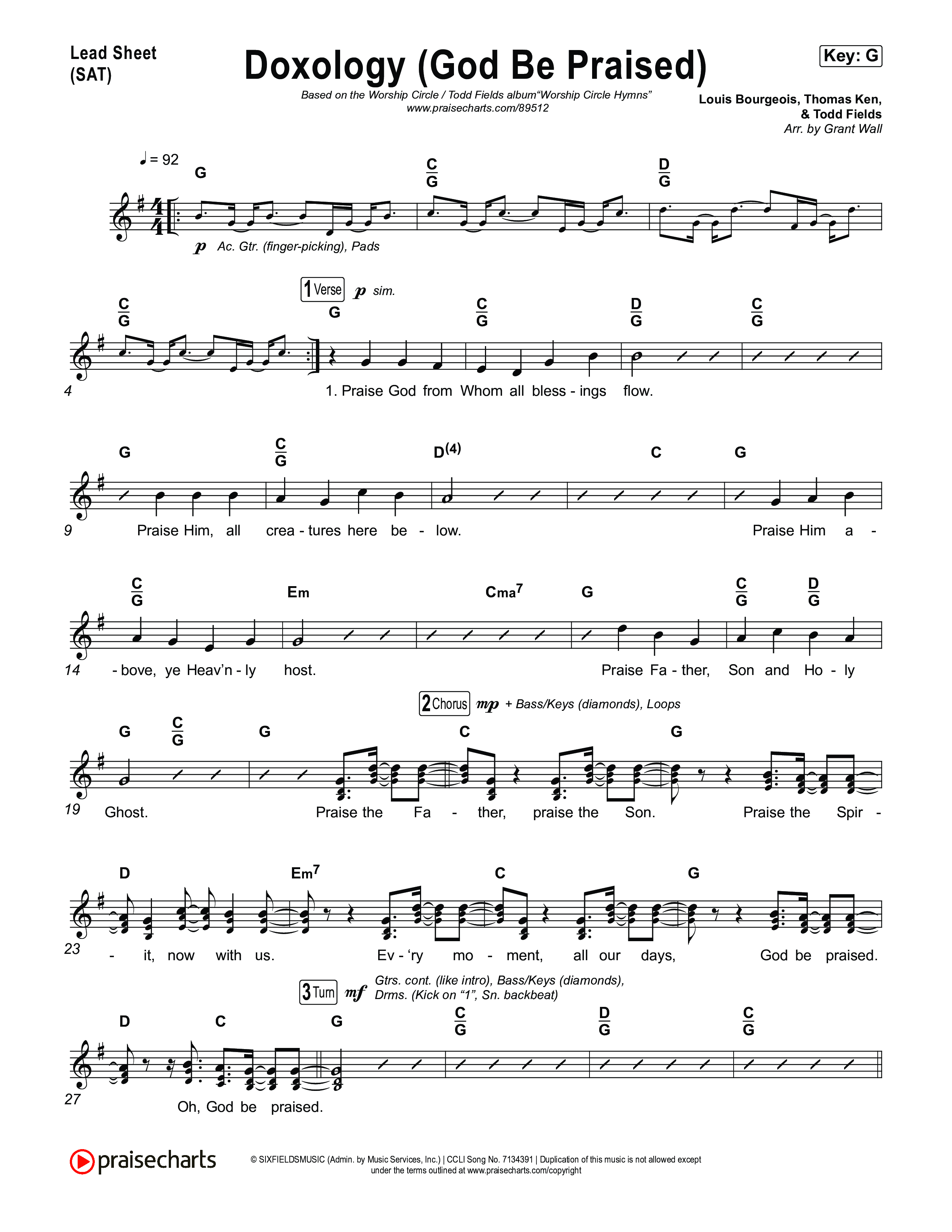 Doxology (God Be Praised) Lead Sheet (SAT) (Worship Circle)
