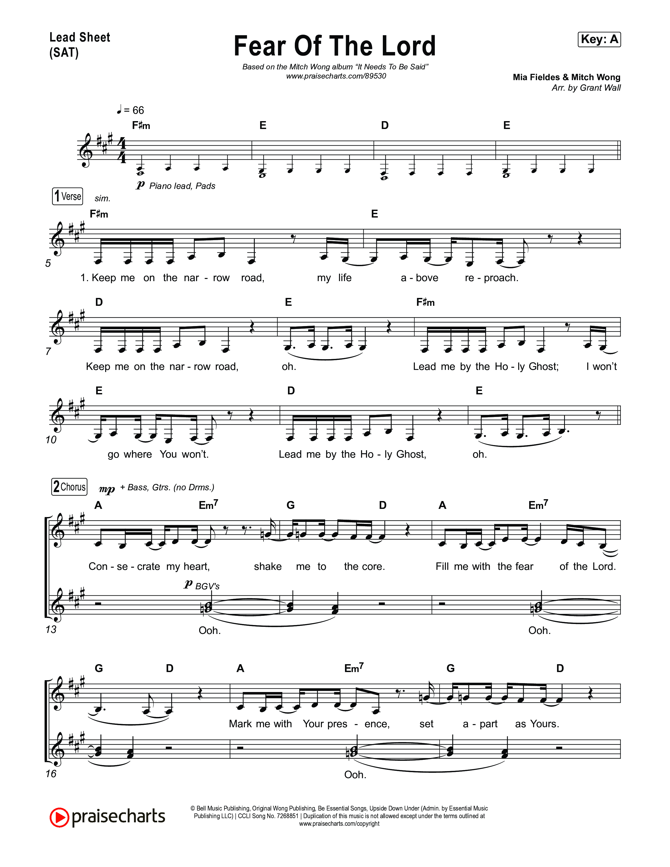 Fear Of The Lord Lead Sheet (SAT) (Mitch Wong)
