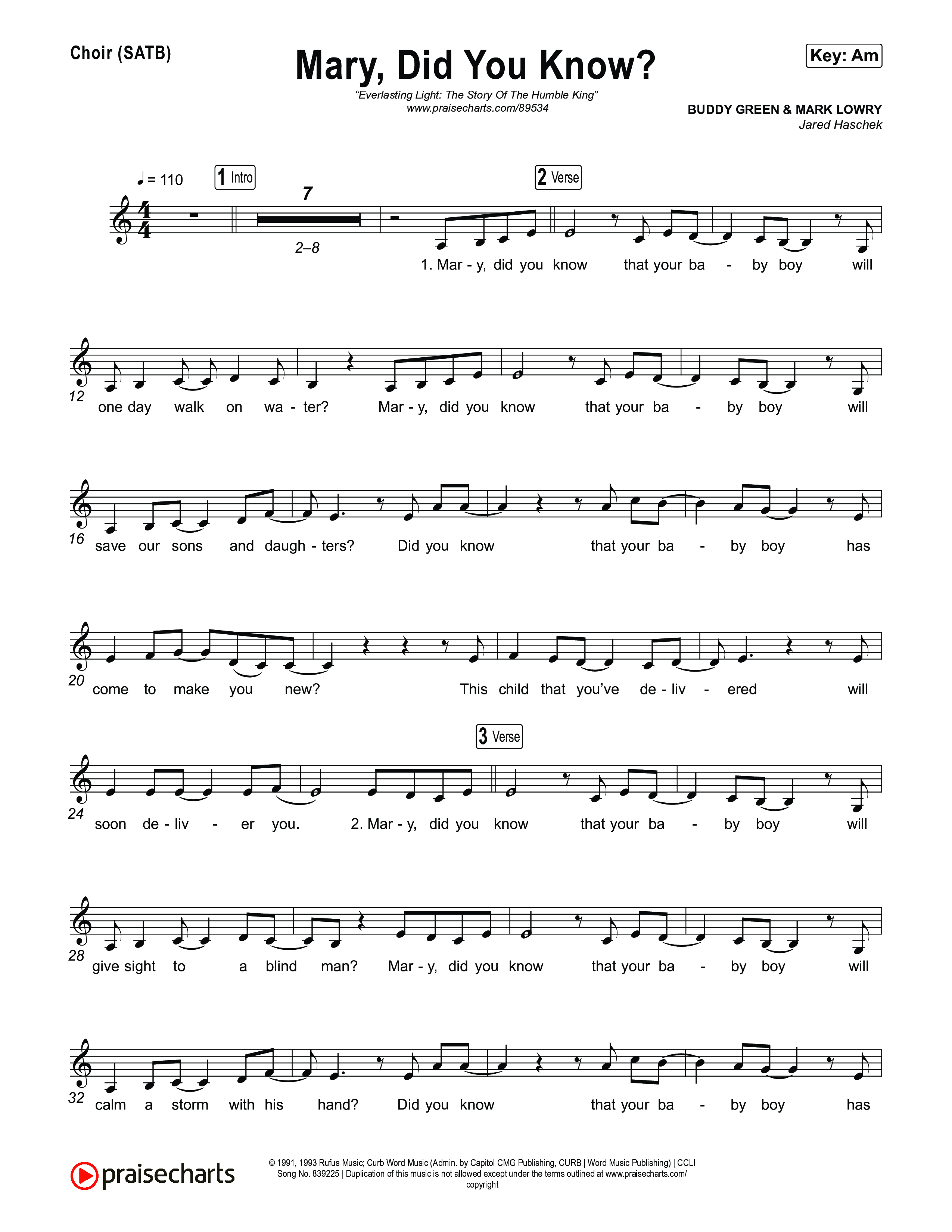 Mary Did You Know Choir Sheet (SATB) (Museum Of The Bible)